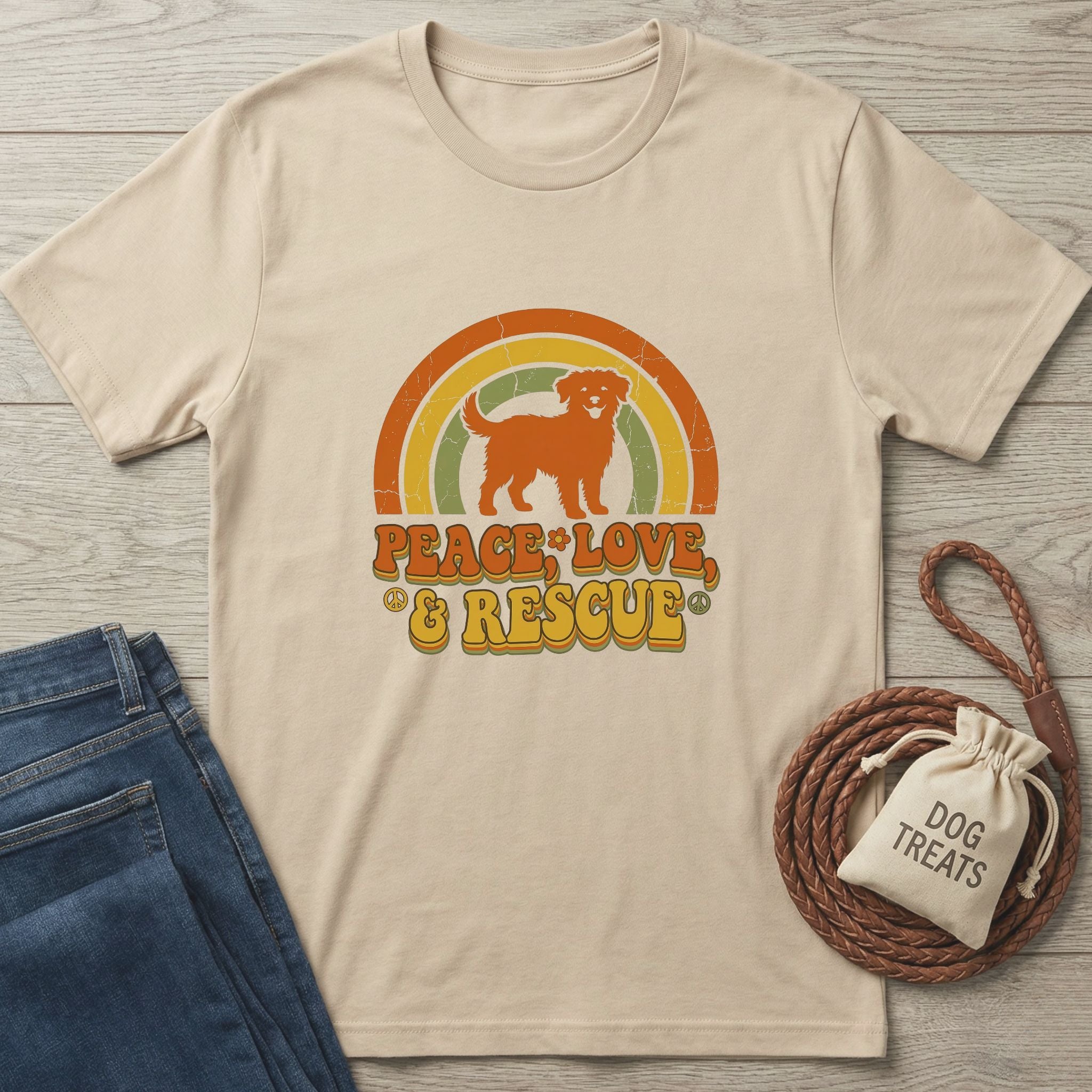 Peace Love & Rescue T-shirt in sand, featuring a retro dog and rainbow graphic, next to jeans and dog treats.