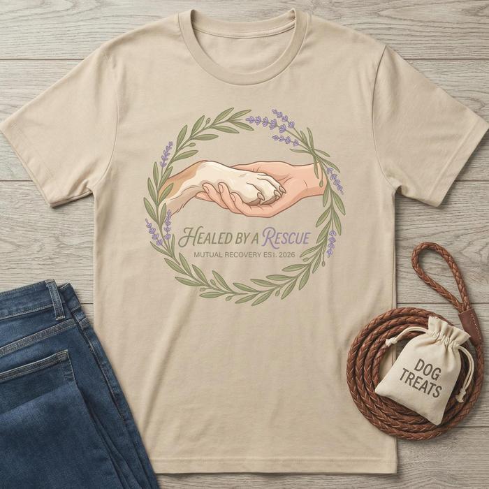 Beige cotton t-shirt with "Healed By A Rescue" graphic, featuring a human hand holding a dog paw in a lavender wreath.