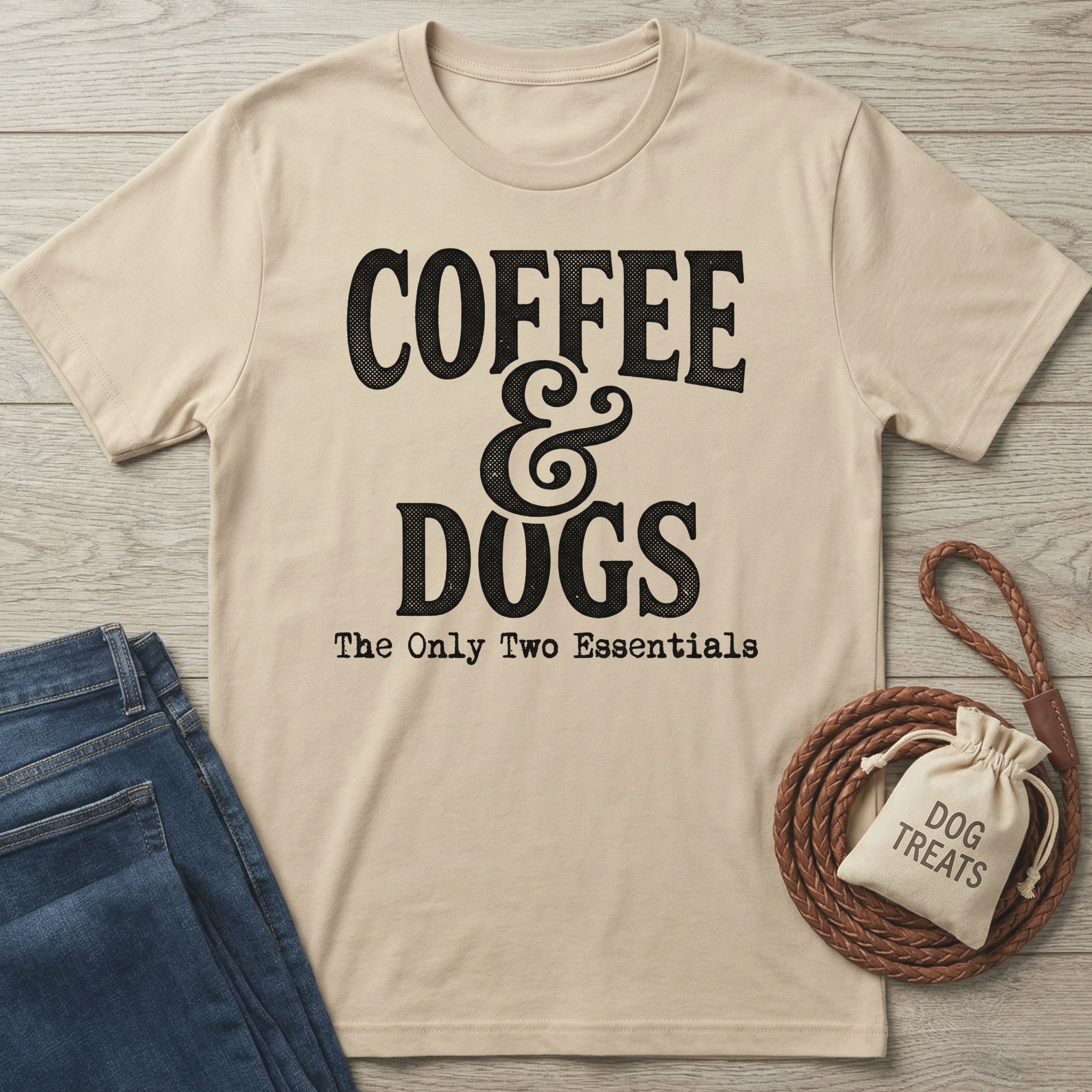 Beige cotton t-shirt with "COFFEE & DOGS The Only Two Essentials" text, next to jeans and dog treats.