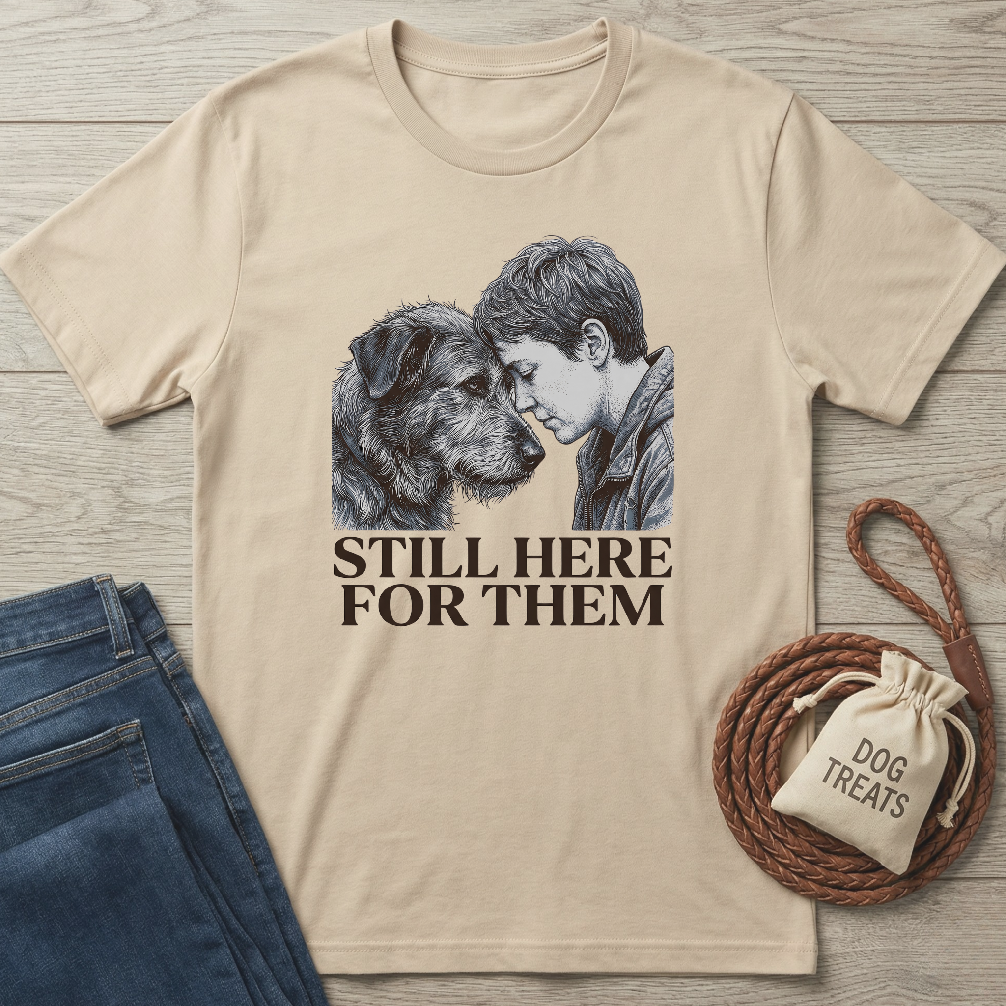 Beige cotton t-shirt with a black and white graphic of a boy and dog, "STILL HERE FOR THEM" text.