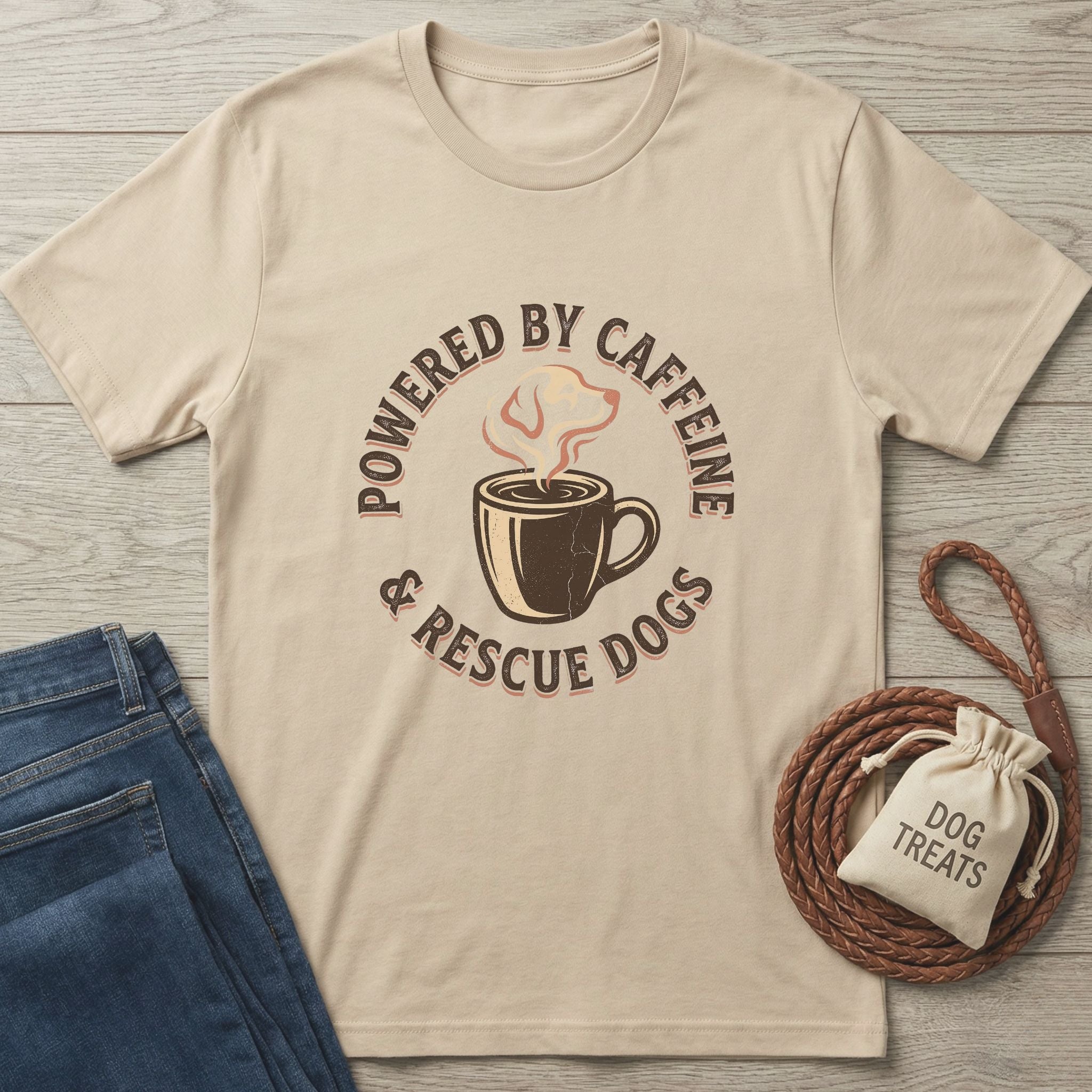 Beige Gildan Softstyle® t-shirt with "Powered By Caffeine & Rescue Dogs" graphic, coffee cup, and dog.
