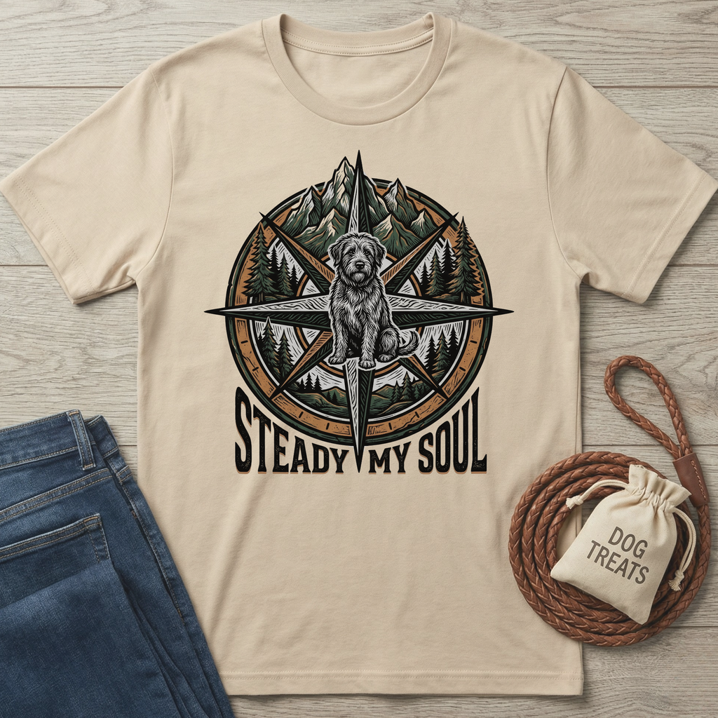 Beige cotton t-shirt with a compass design featuring a dog, mountains, and trees. "Steady My Soul" text below.