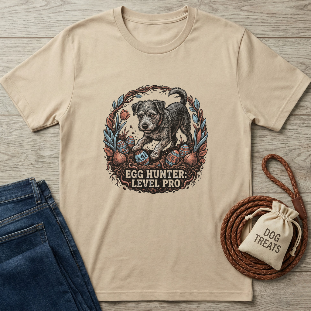 Beige Gildan Softstyle® t-shirt with "Egg Hunter: Level Pro" graphic featuring a dog and Easter eggs.