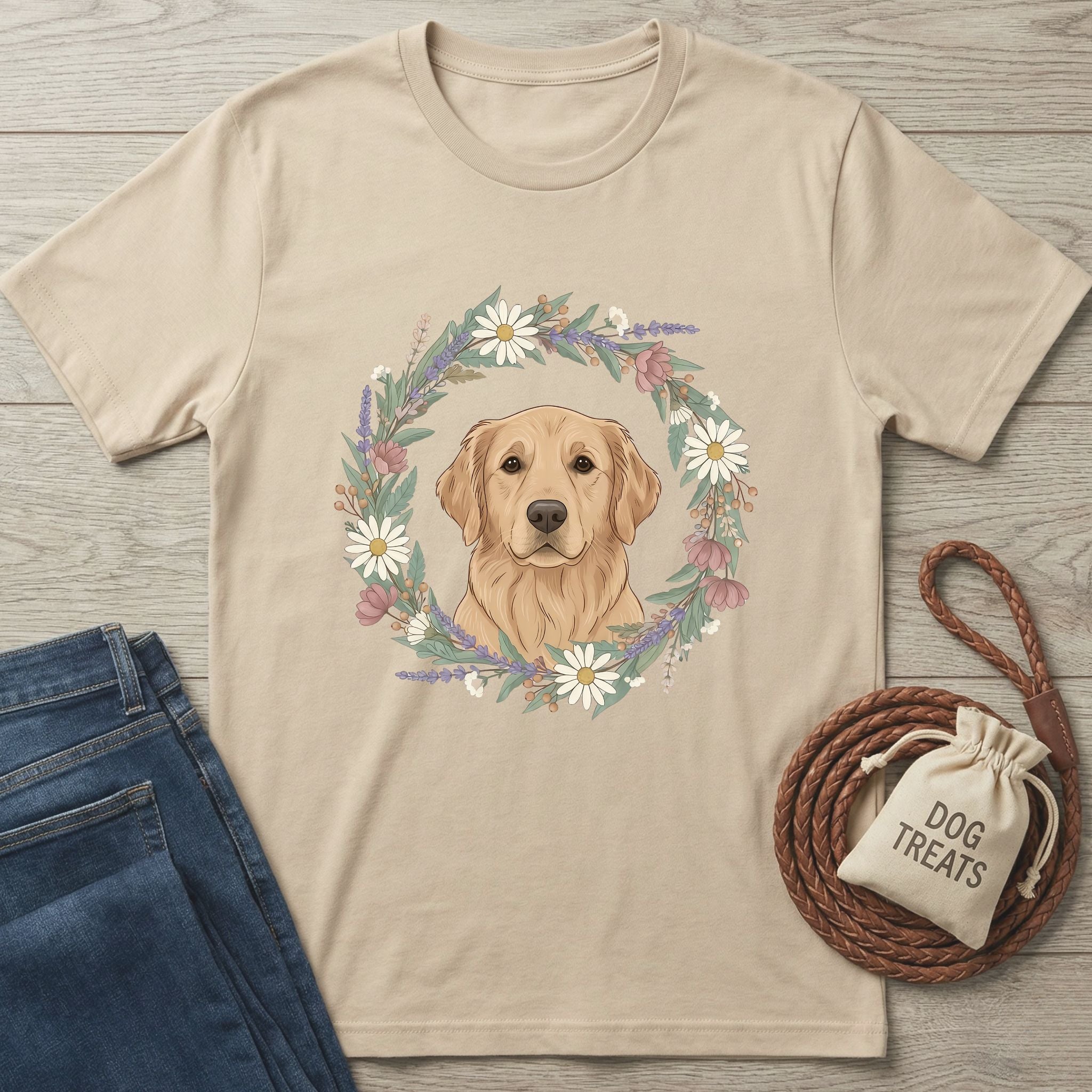 Tan Gildan Softstyle® t-shirt with a golden retriever in a floral wreath design, next to jeans and dog treats.