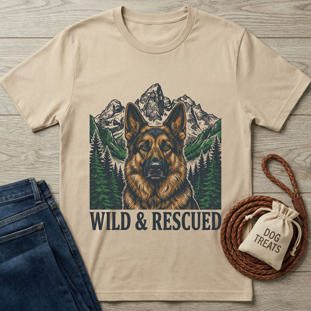 Sand-colored Gildan Softstyle® tee with a German Shepherd, mountains, and "WILD & RESCUED" graphic.