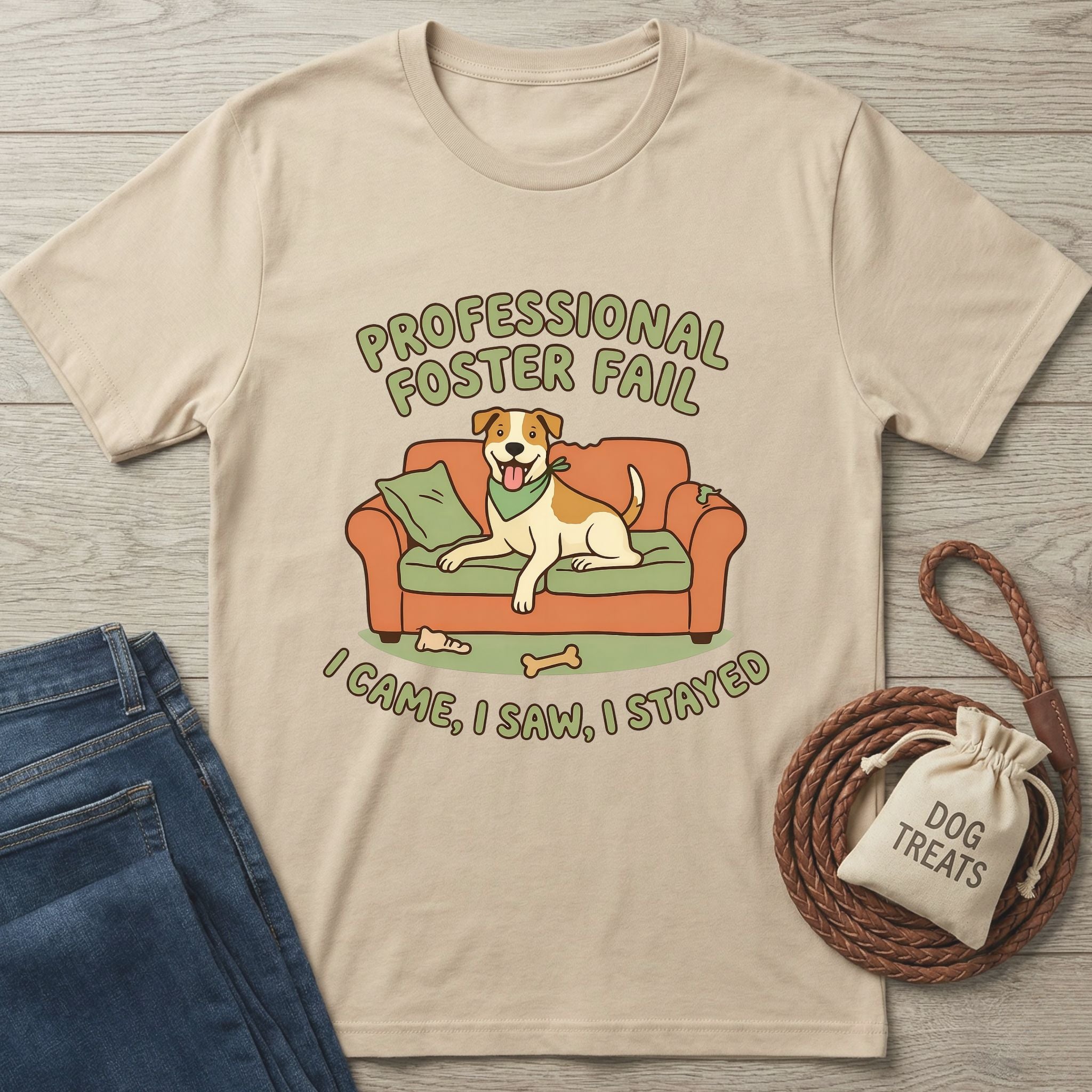 Beige Gildan Softstyle® t-shirt with "Professional Foster Fail" dog on couch graphic.