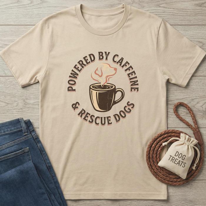 Beige cotton t-shirt with "Powered By Caffeine & Rescue Dogs" graphic, next to jeans and dog treats.