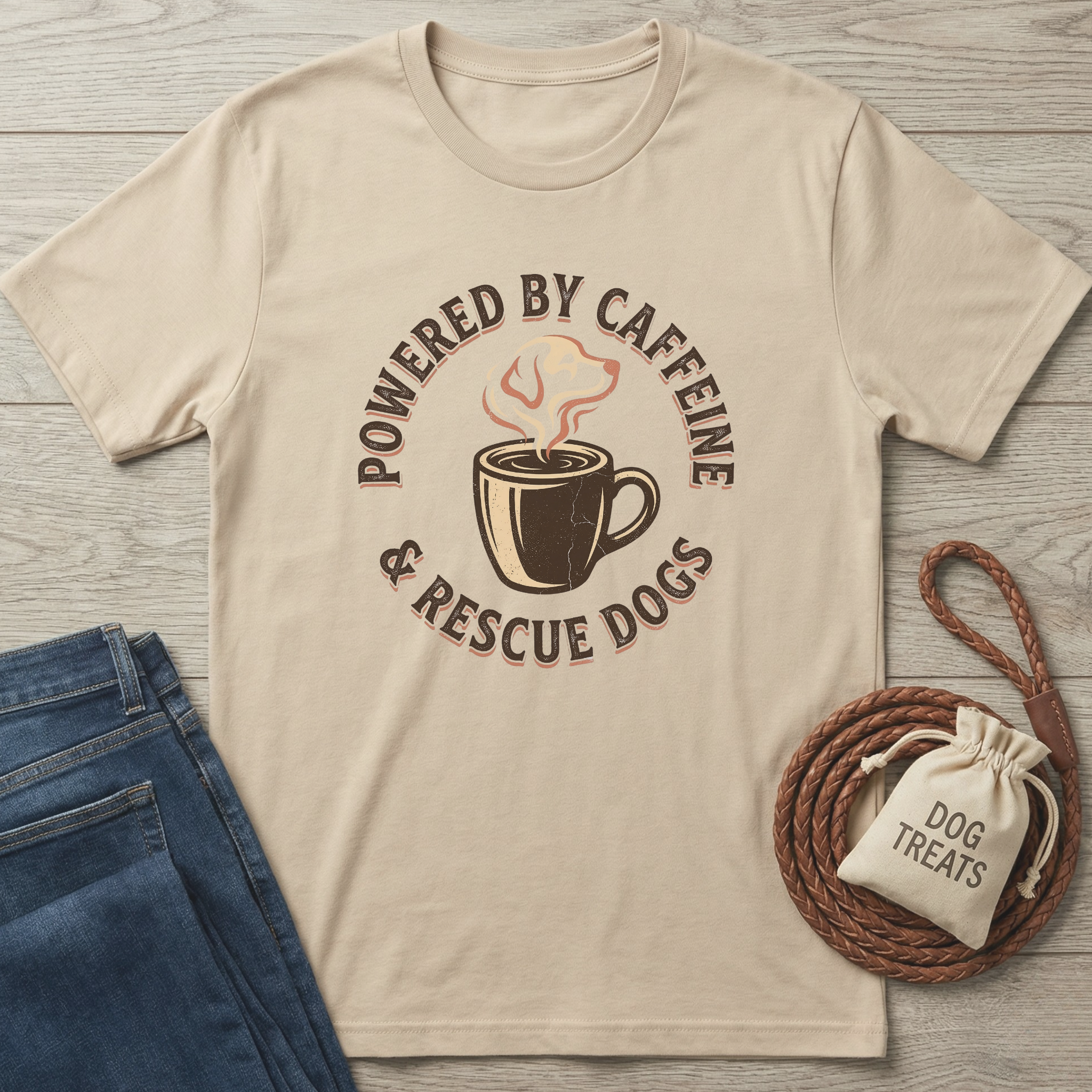 Beige cotton t-shirt with "Powered By Caffeine & Rescue Dogs" graphic, next to jeans and dog treats.