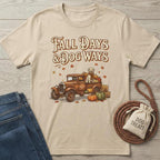 Beige Fall Days & Dog Ways t-shirt with vintage truck, dog, and pumpkins design.