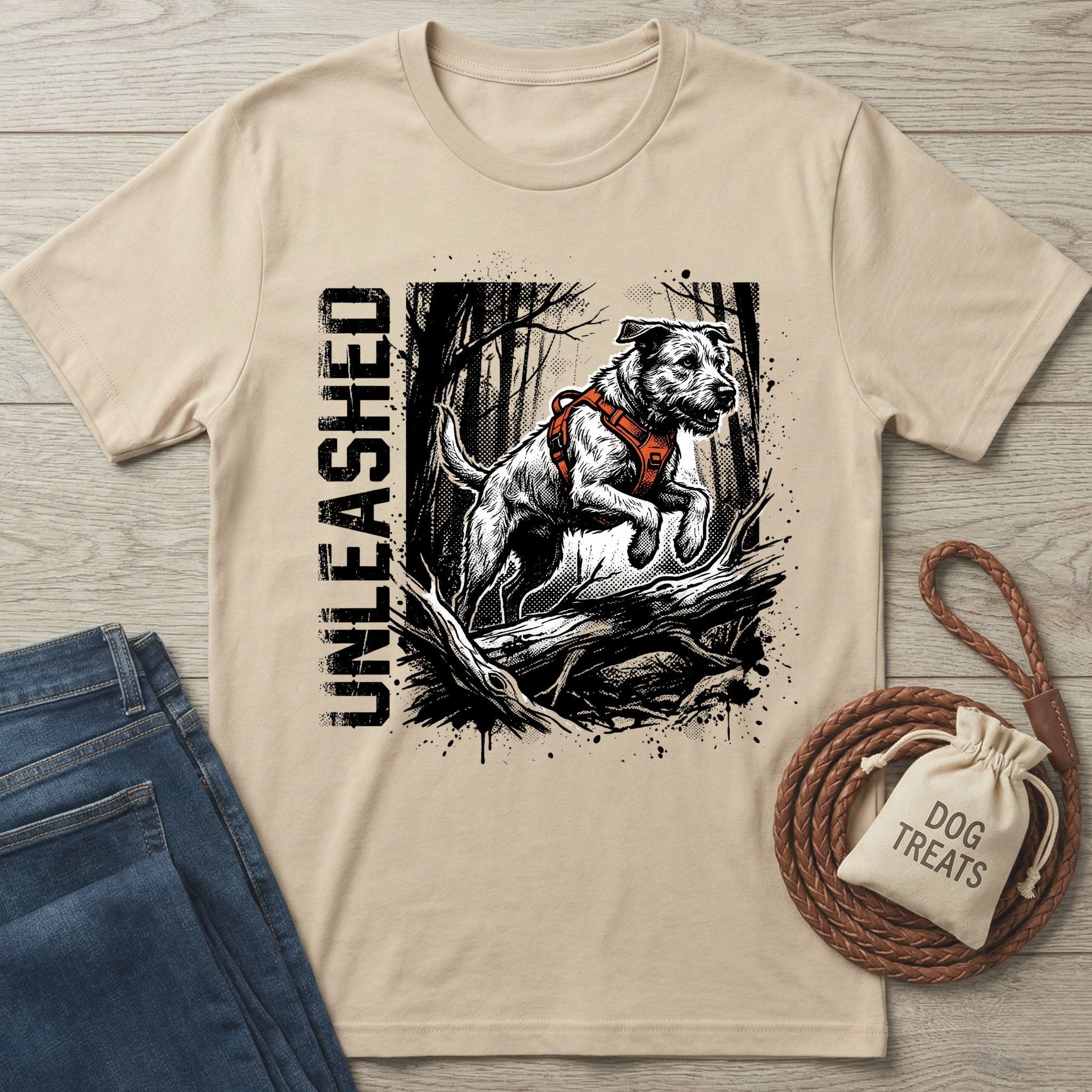 Unleashed T-shirt: beige Gildan Softstyle tee with a jumping dog graphic and "UNLEASHED" text.