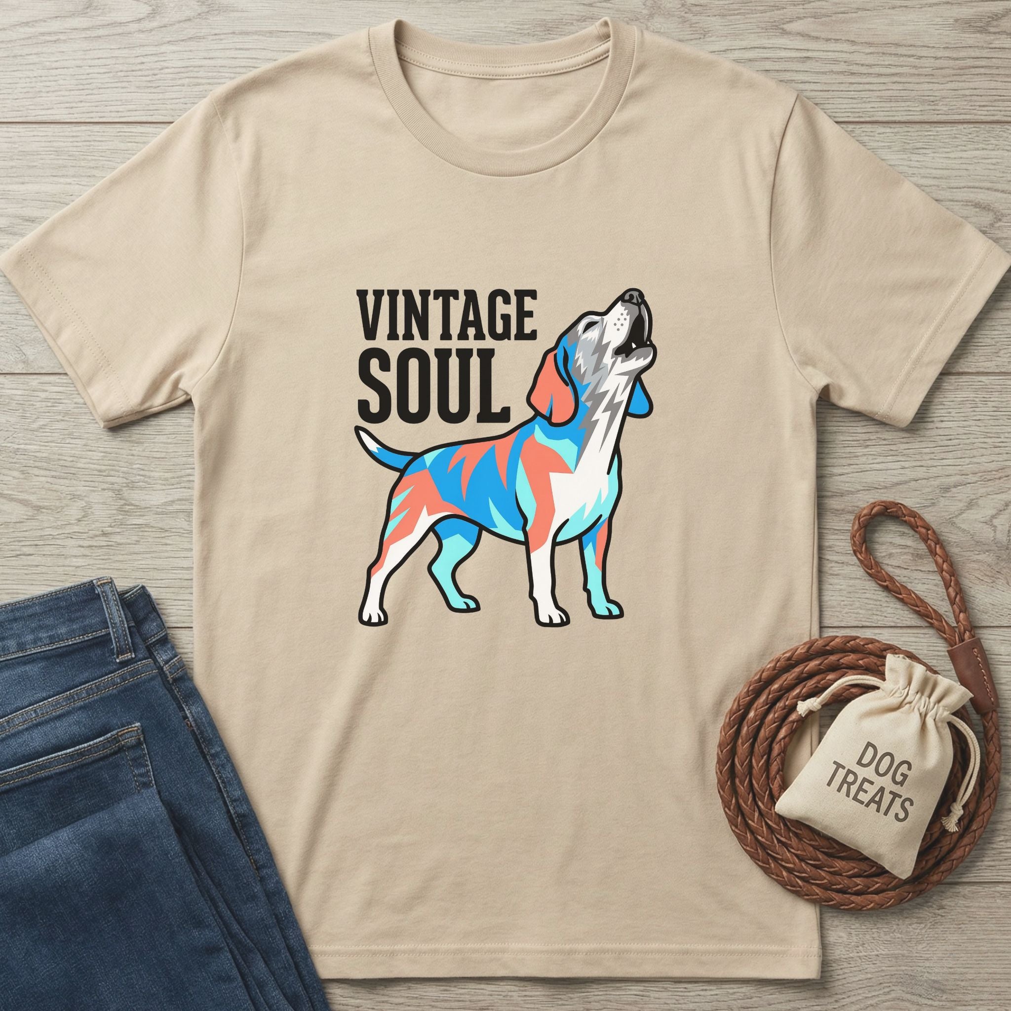 Vintage Soul T-shirt, a beige Gildan Softstyle® tee with a colorful howling dog graphic.