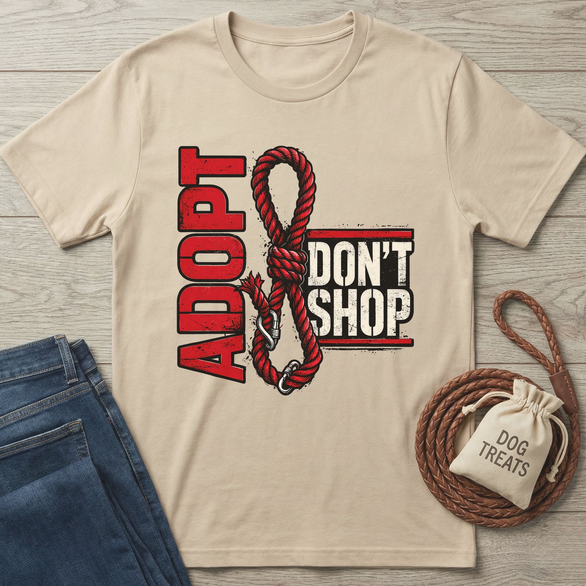 Beige "Adopt Don't Shop" t-shirt with red rope design, next to jeans and dog treats bag.