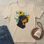 Beige cotton t-shirt with a Rottweiler surrounded by yellow sunflowers and white daisies.