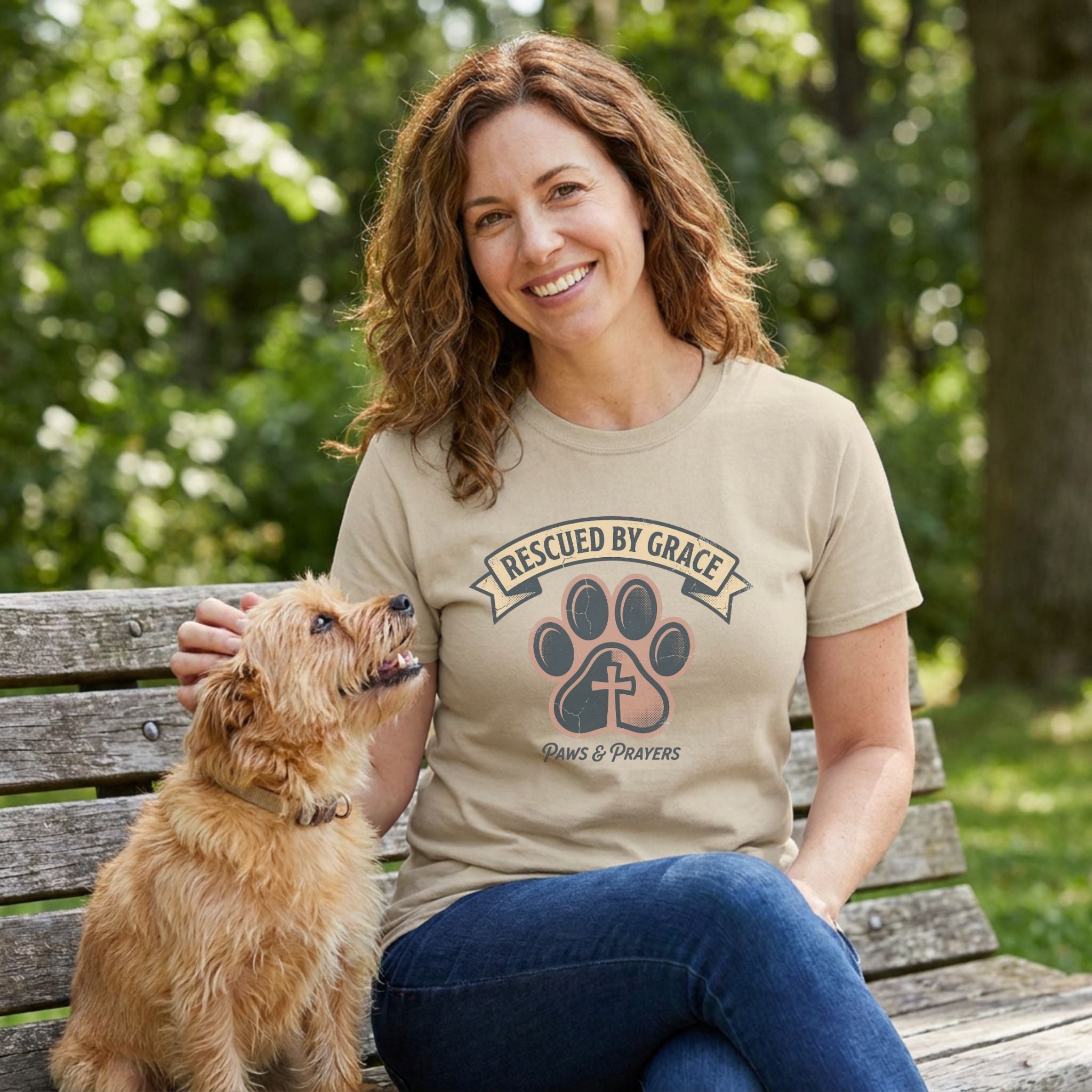 Woman in a tan "Rescued by Grace Paws & Prayers" t-shirt petting a small dog on a park bench.