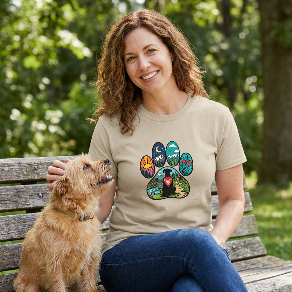 Wonder Paw T-shirt: Tan tee with colorful paw print design featuring nature scenes and a "Rescue Dog" heart.