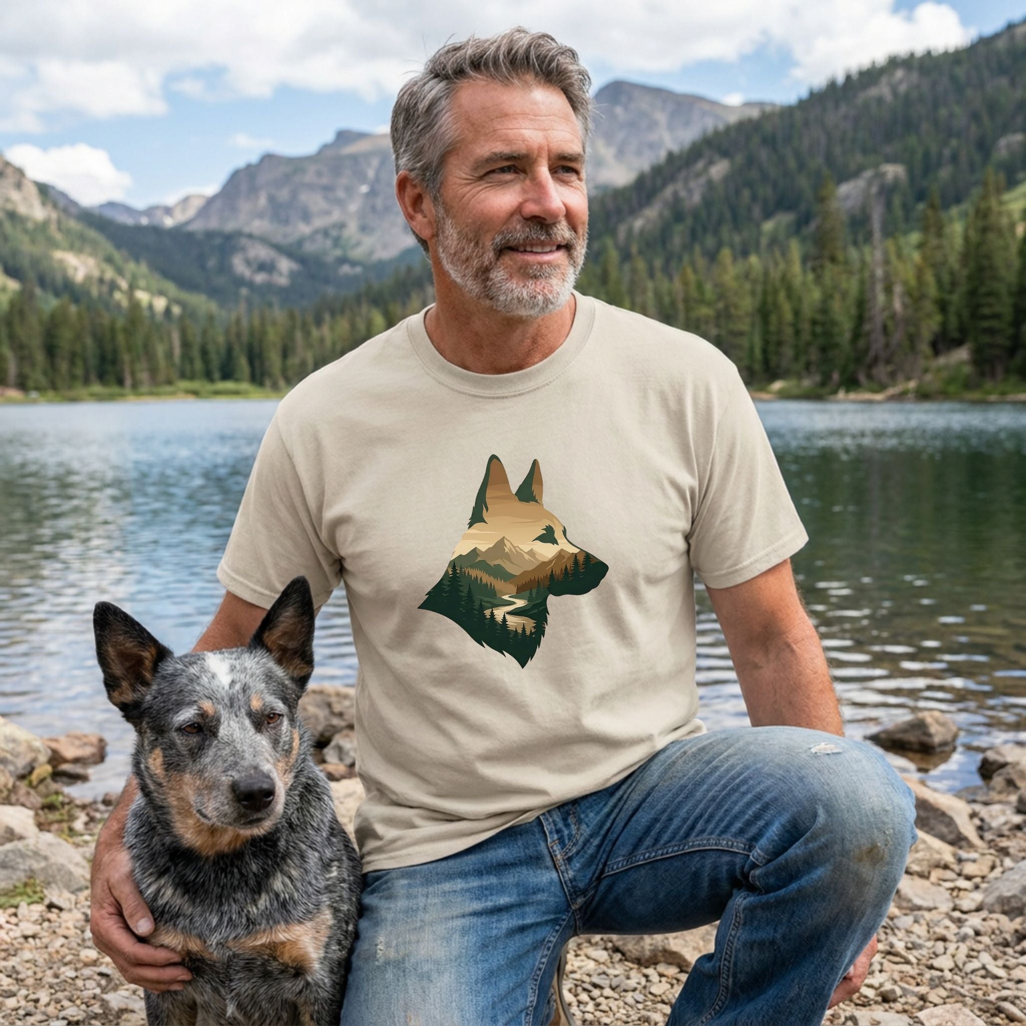 Man in a tan Gildan Softstyle® t-shirt with a mountain silhouette dog design, kneeling with a rescue dog by a lake.