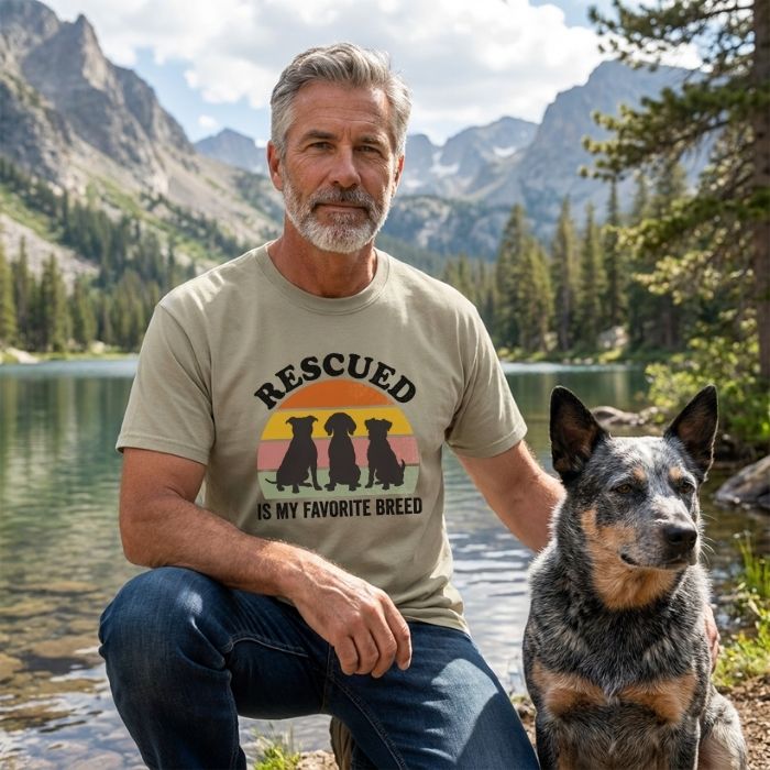 Man in a light green "Rescued Is My Favorite Breed" t-shirt with three dog silhouettes, kneeling next to a dog by a lake.