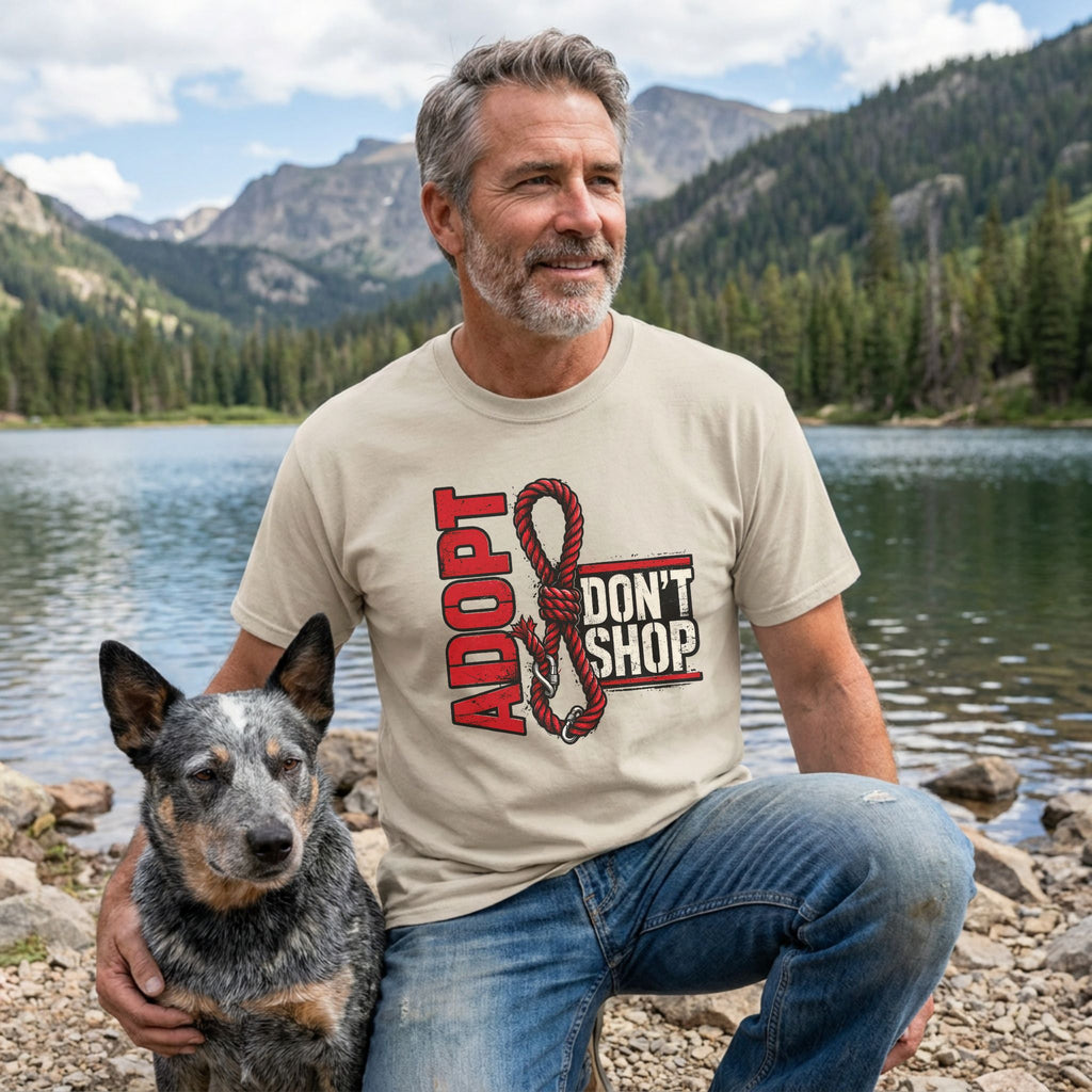 Man in a tan "Adopt Don't Shop" t-shirt with a red rope design, kneeling beside a blue heeler dog outdoors.