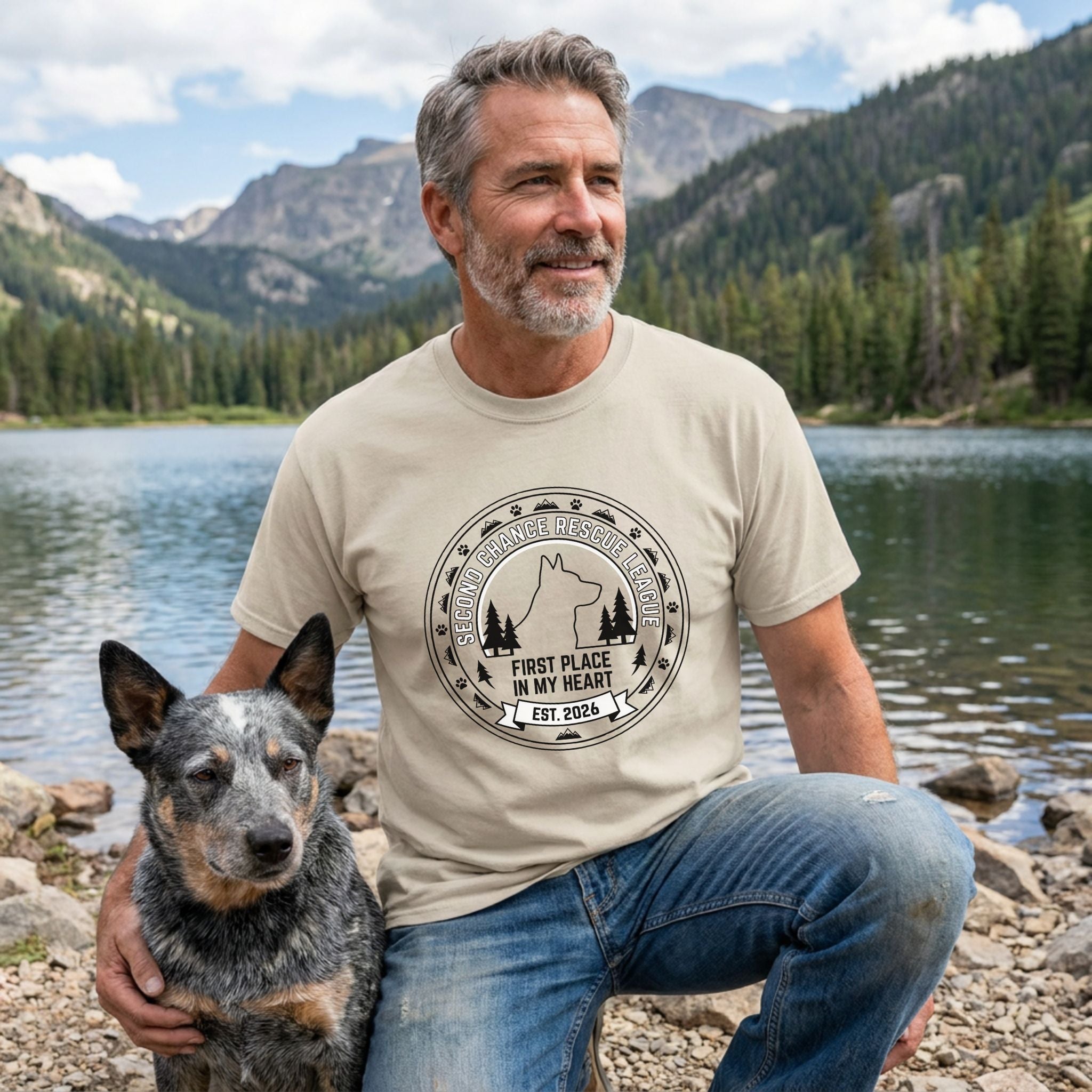 Man in a beige "Second Chance Rescue League" t-shirt with a dog and mountain graphic, kneeling by a lake with his blue heeler.