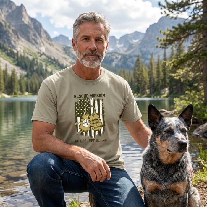 Man in olive green Rescue Mission t-shirt with dog, featuring camo flag, paw print, and "Second Chance" tags.