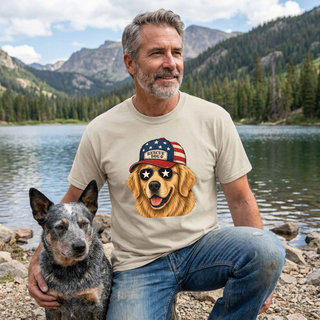 Man wearing a t-shirt with a dog graphic by a lake with mountains in the background