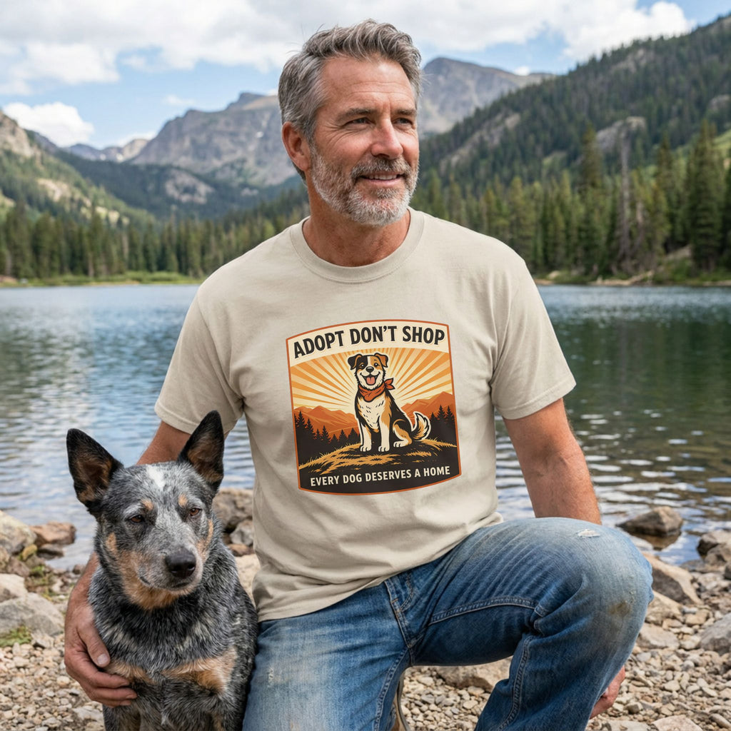Man in a beige "Adopt Don't Shop" t-shirt with a dog graphic, kneeling beside a blue heeler by a lake.