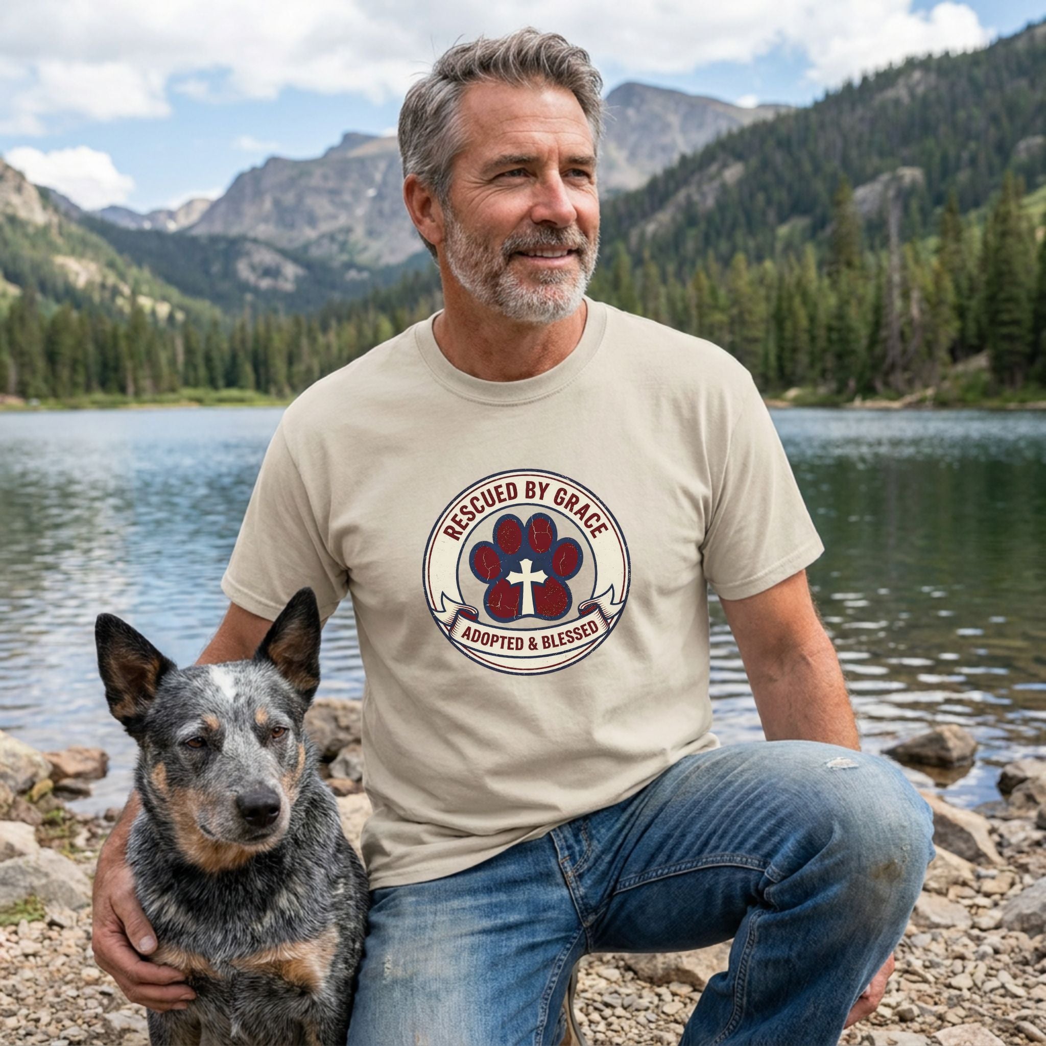 Man in a sand-colored "Rescued By Grace" Gildan Softstyle tee with a blue heeler dog by a lake.