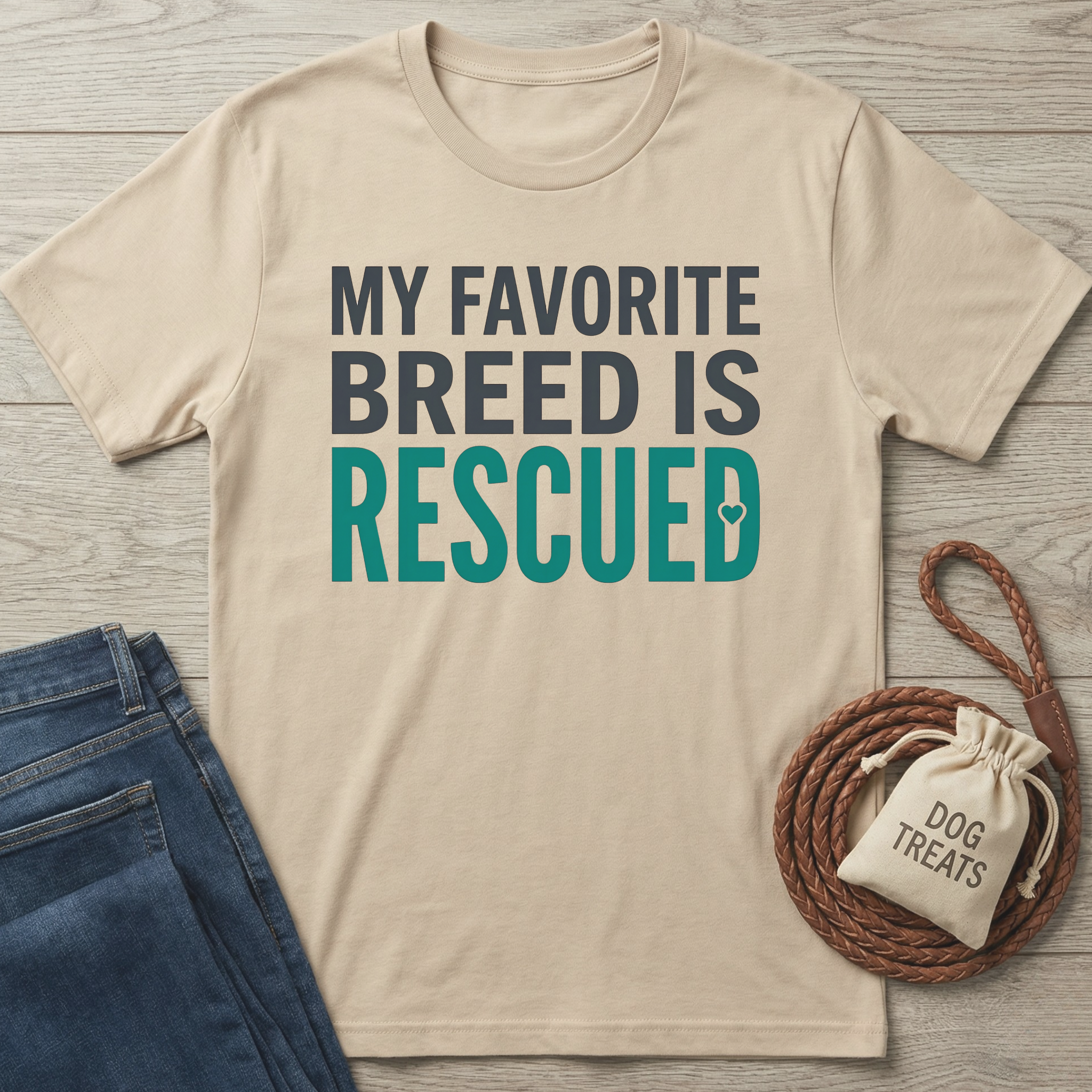 Beige cotton t-shirt with "My Favorite Breed Is Rescued" text in dark gray and teal, featuring a small heart.