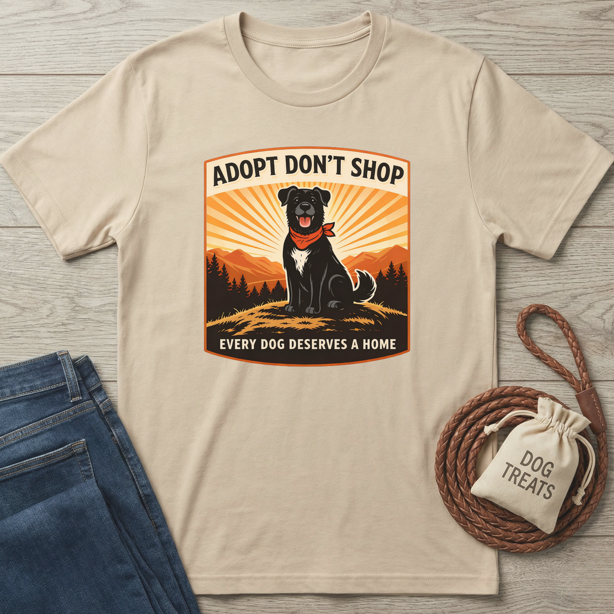 Beige "Adopt Don't Shop" t-shirt with a black dog wearing a red bandana, mountains, and sunset design.