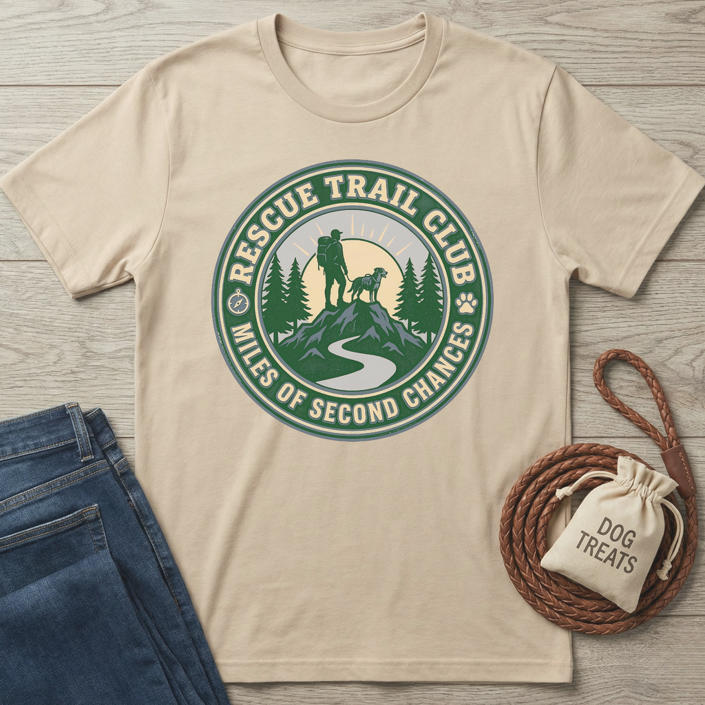 Beige cotton Rescue Trail Club T-shirt with a green mountain graphic featuring a hiker and dog.