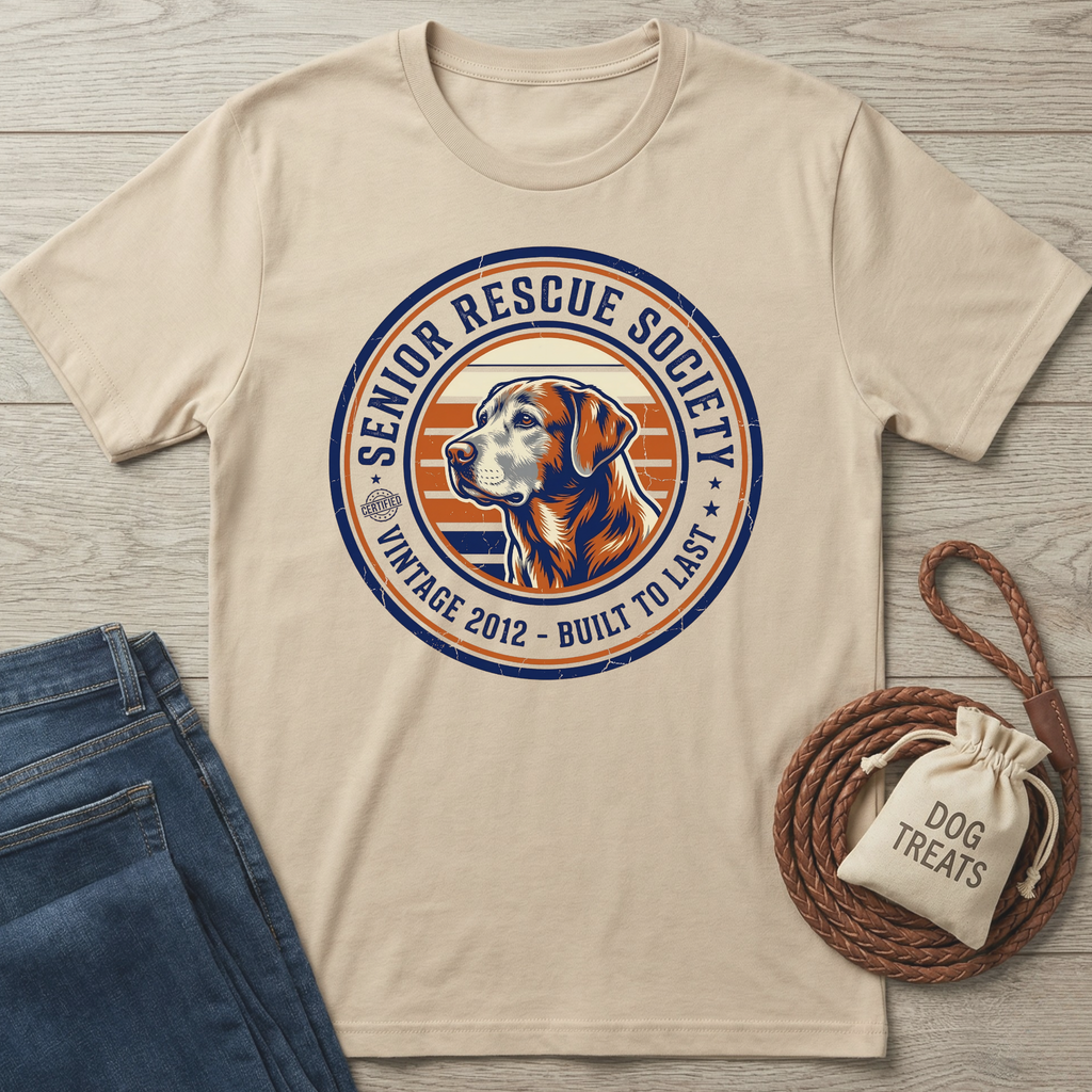 Beige Senior Rescue Society t-shirt with a vintage dog graphic, next to jeans and dog treats.