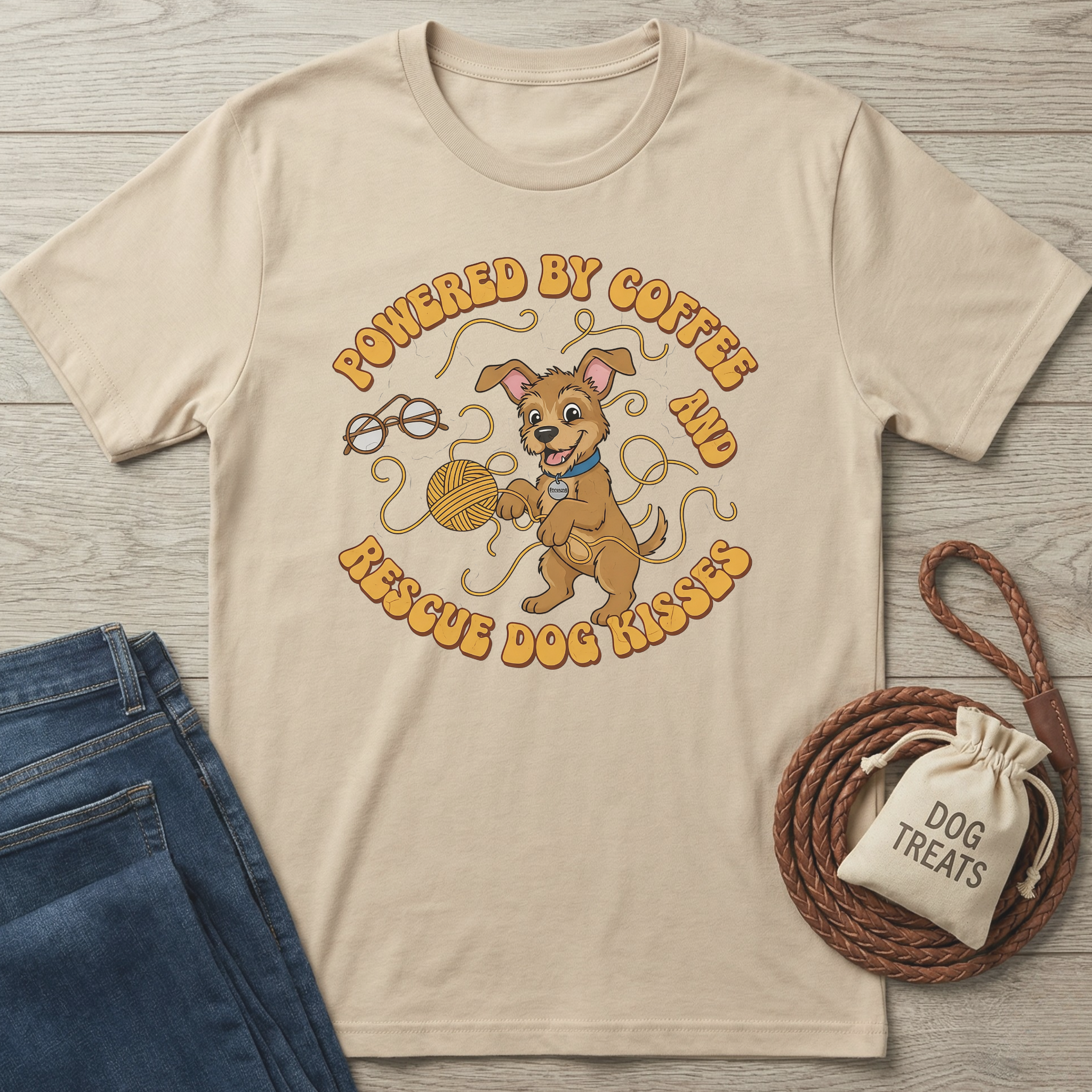 Beige short-sleeve t-shirt with "Powered by Coffee & Rescue Dog Kisses" graphic featuring a cute dog.