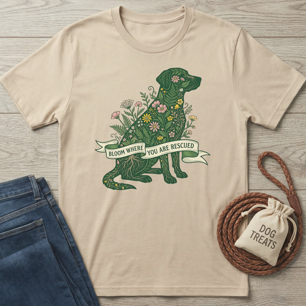 Beige cotton t-shirt with a green floral dog design and "Bloom Where You Are Rescued" banner.