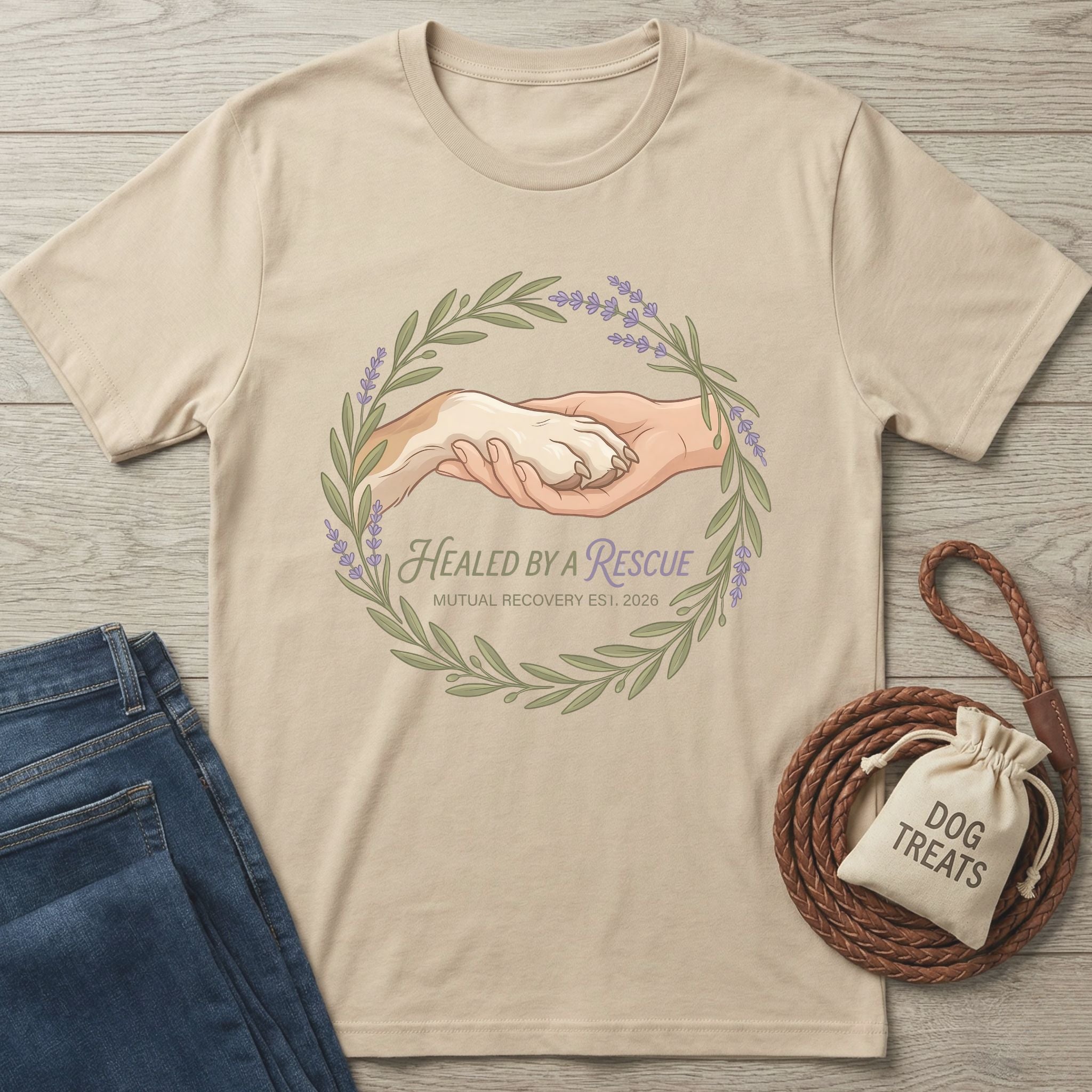Healed By A Rescue t-shirt in natural, featuring a hand holding a dog paw in a lavender wreath.