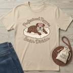 Beige cotton t-shirt with "Professional Napper: Senior Division" text and a bulldog sleeping on a dog bed.