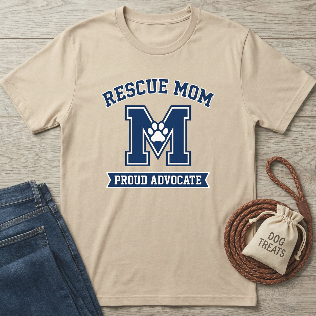 Tan cotton t-shirt with "RESCUE MOM M PROUD ADVOCATE" in blue, featuring a paw print on the M.