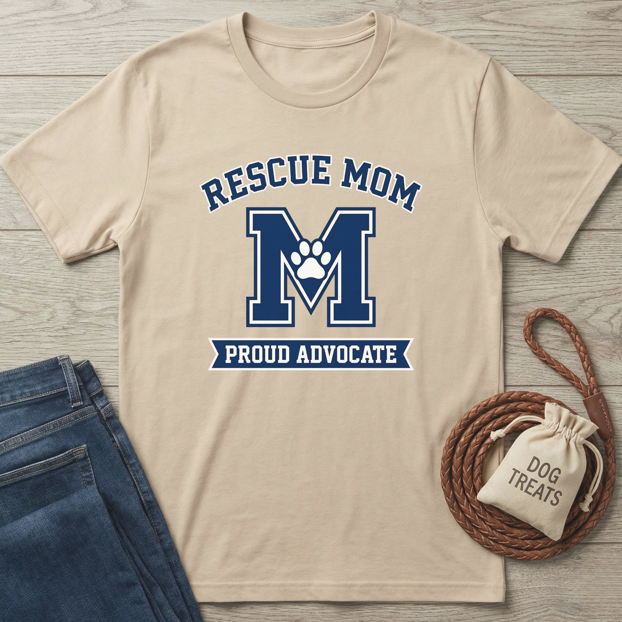 Tan cotton t-shirt with "RESCUE MOM M PROUD ADVOCATE" in blue, featuring a paw print on the M.