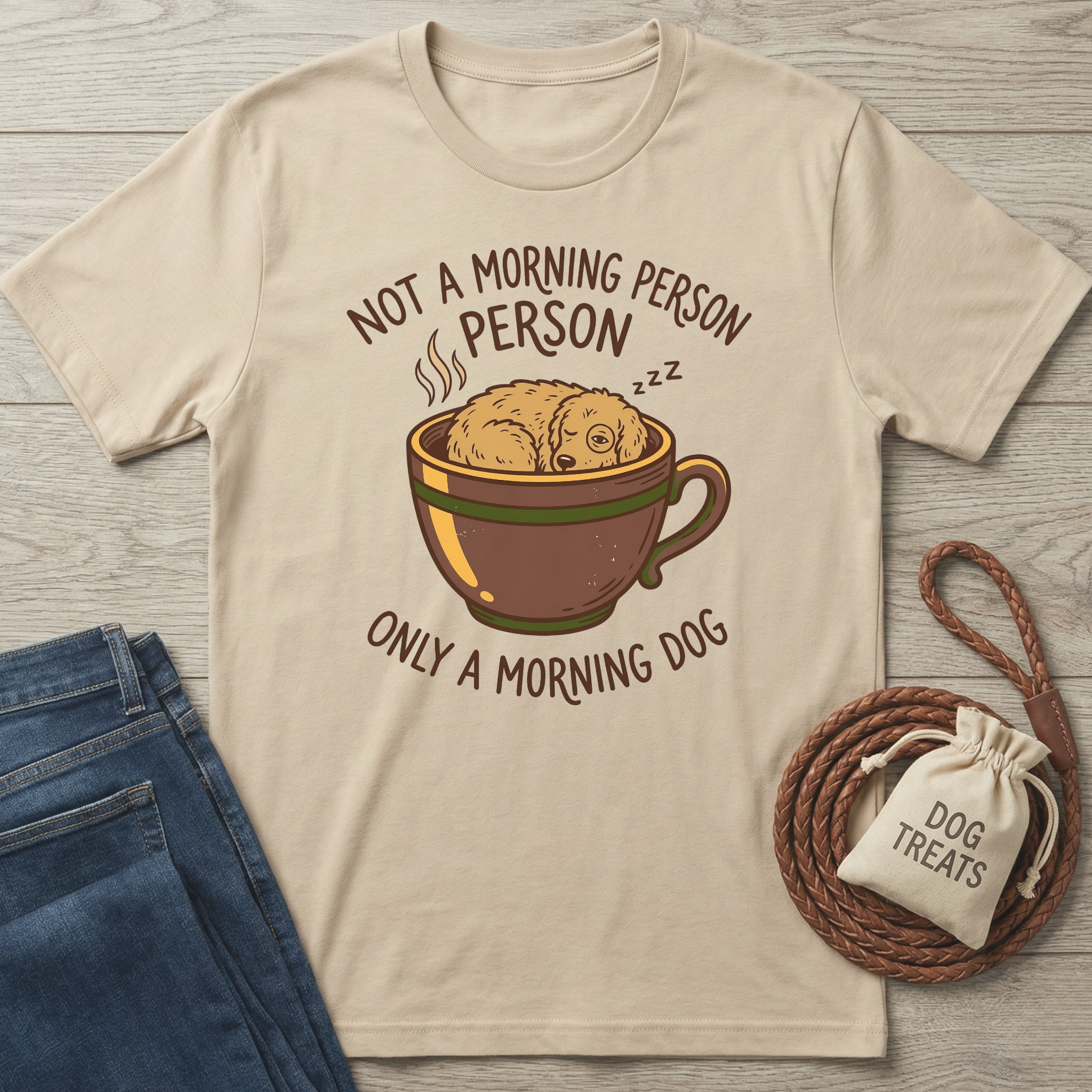 Beige cotton t-shirt with a sleeping dog in a coffee cup design and "Not a Morning Person, Only a Morning Dog" text.