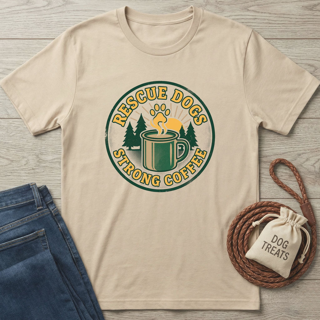 Gildan Softstyle® 64000 tee in natural with "Rescue Dogs Strong Coffee" graphic.