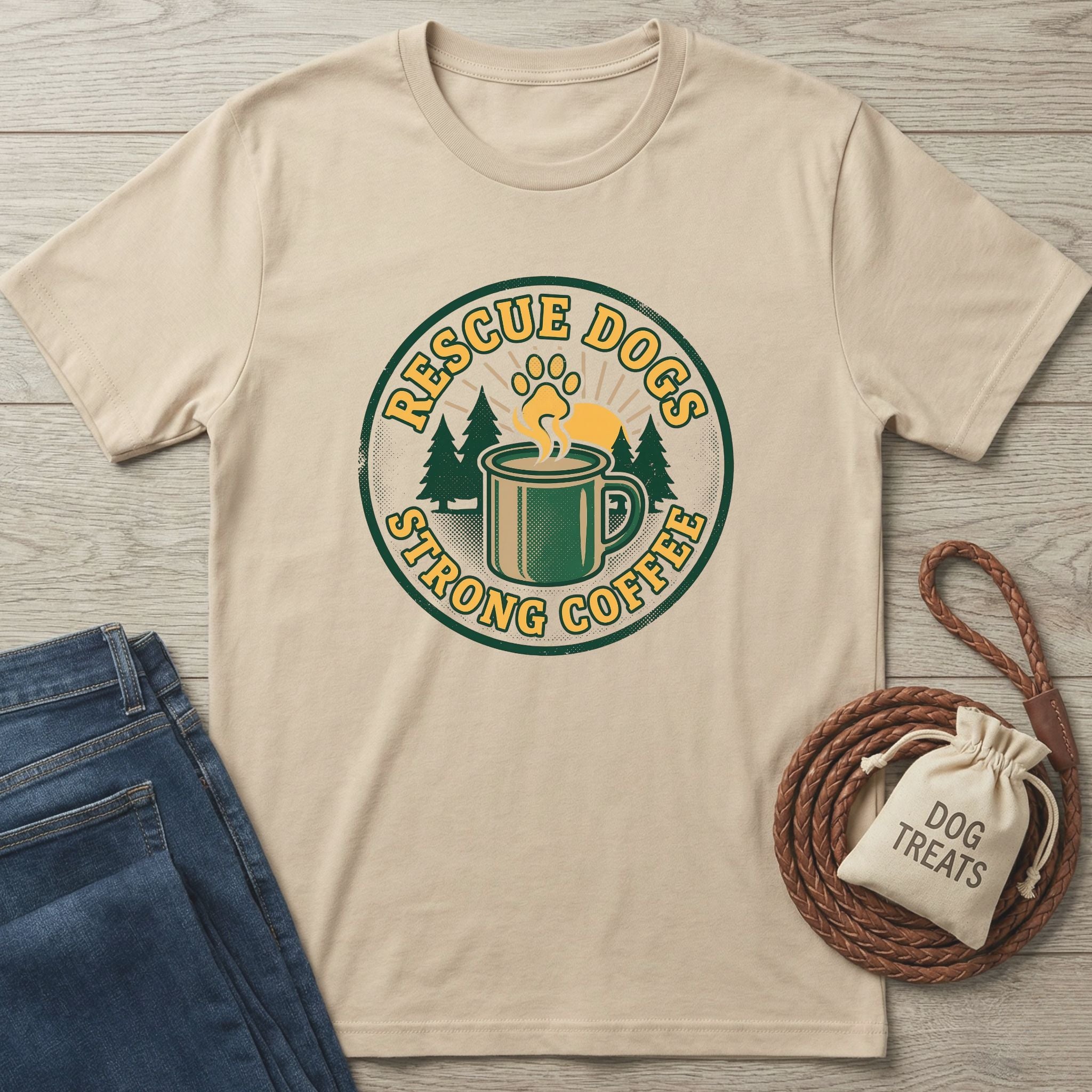 Gildan Softstyle® 64000 tee in natural with "Rescue Dogs Strong Coffee" graphic.