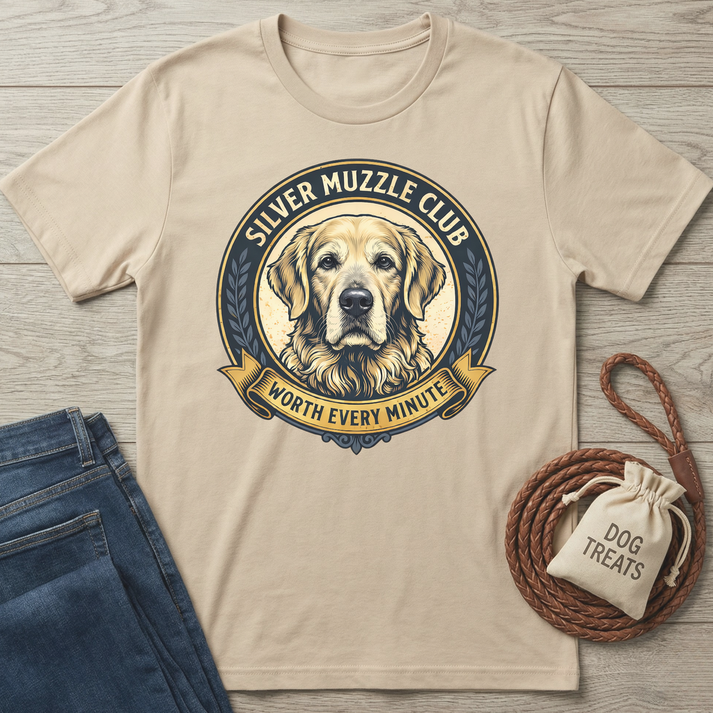 Beige cotton t-shirt with a "Silver Muzzle Club" golden retriever dog graphic.