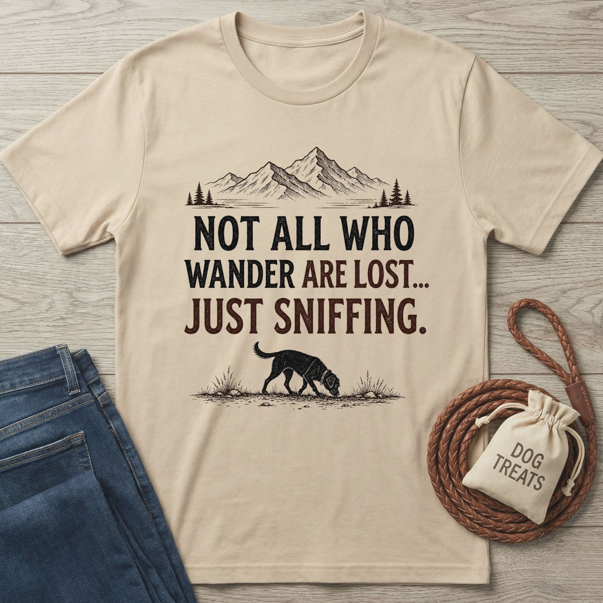 Beige cotton t-shirt with "NOT ALL WHO WANDER ARE LOST... JUST SNIFFING." text, mountains, pines, and a sniffing dog.