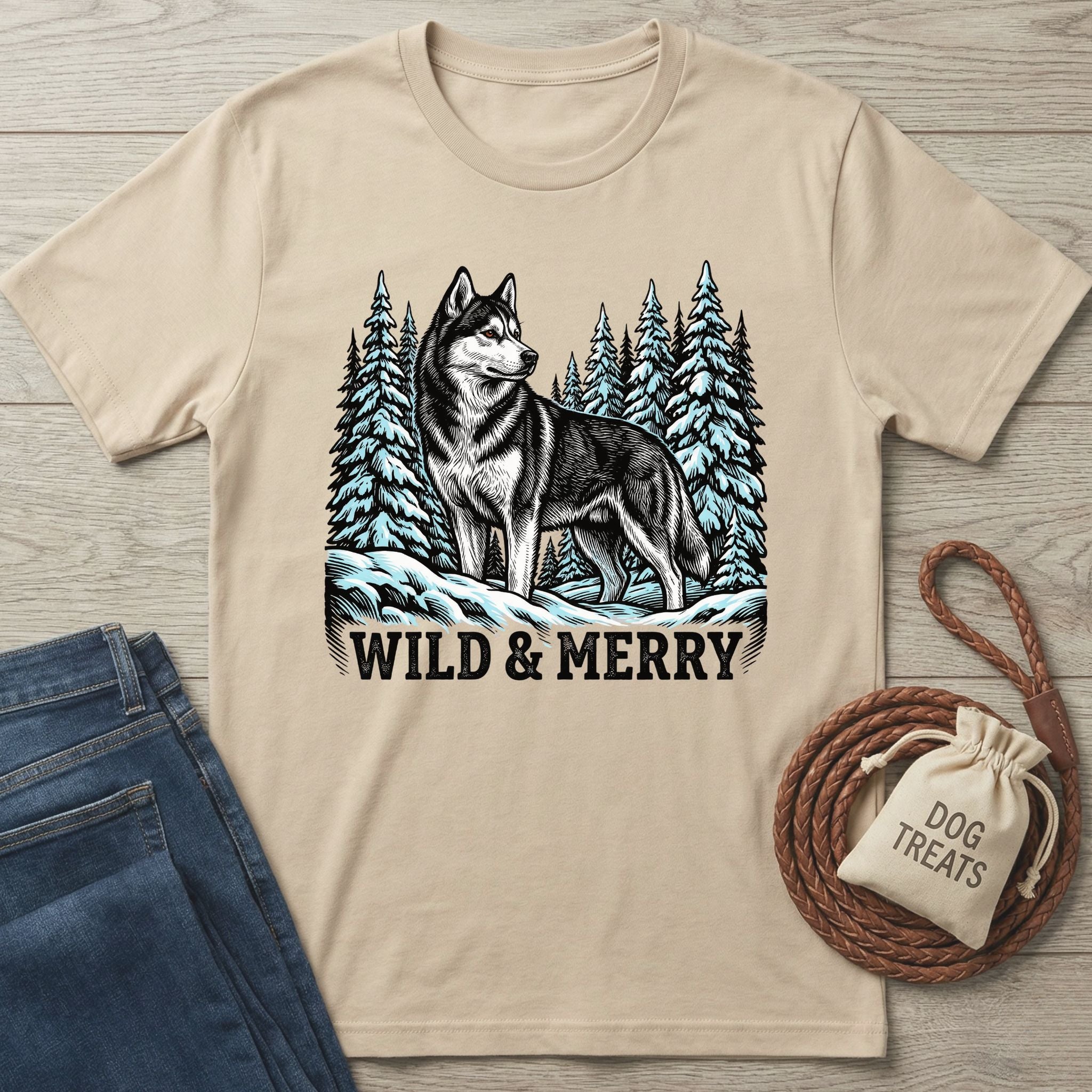 Gildan Softstyle® 64000 t-shirt in natural with a black and white husky, snowy trees, and "WILD & MERRY" text.