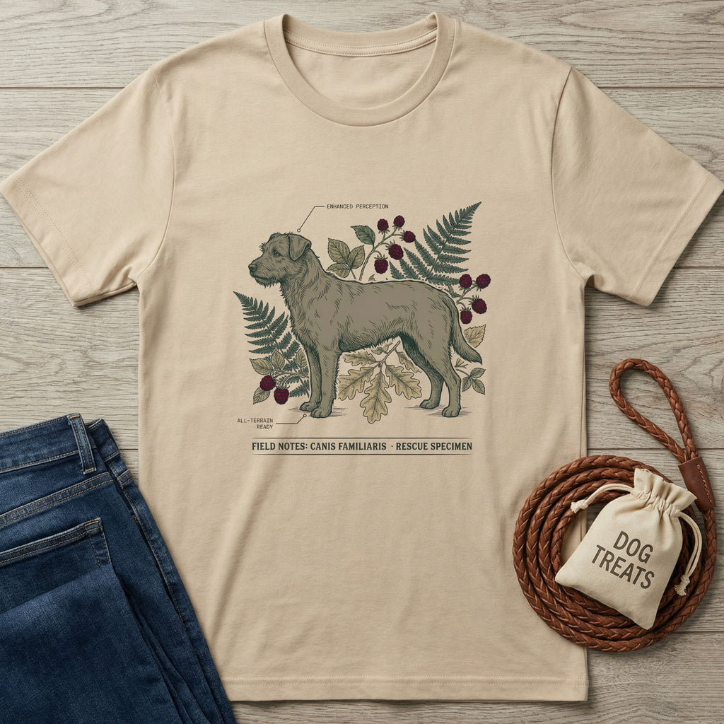 Tan Gildan Softstyle® t-shirt with a "Rescue Specimen" dog illustration, fern, and berries.