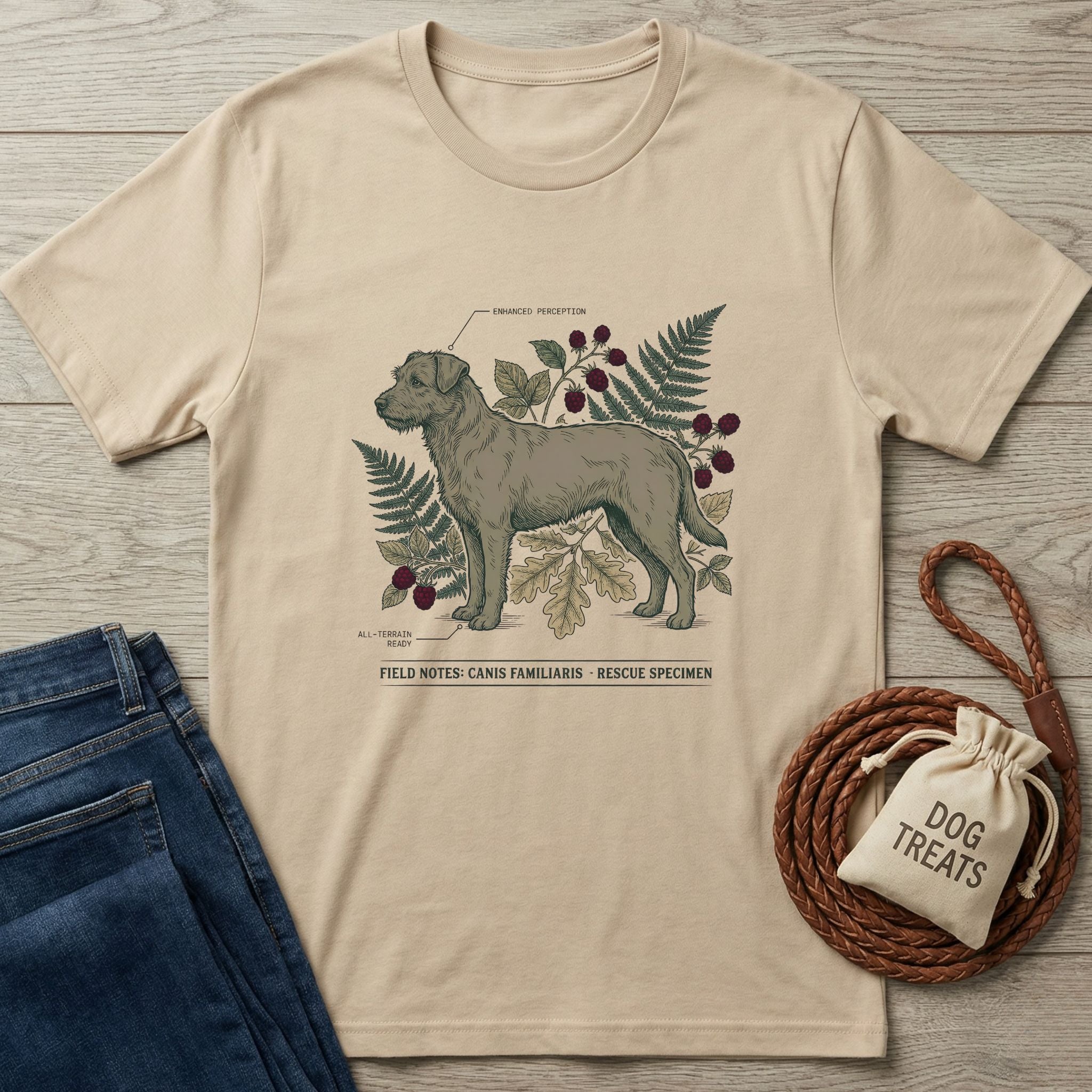 Tan Gildan Softstyle® t-shirt with a "Rescue Specimen" dog illustration, fern, and berries.
