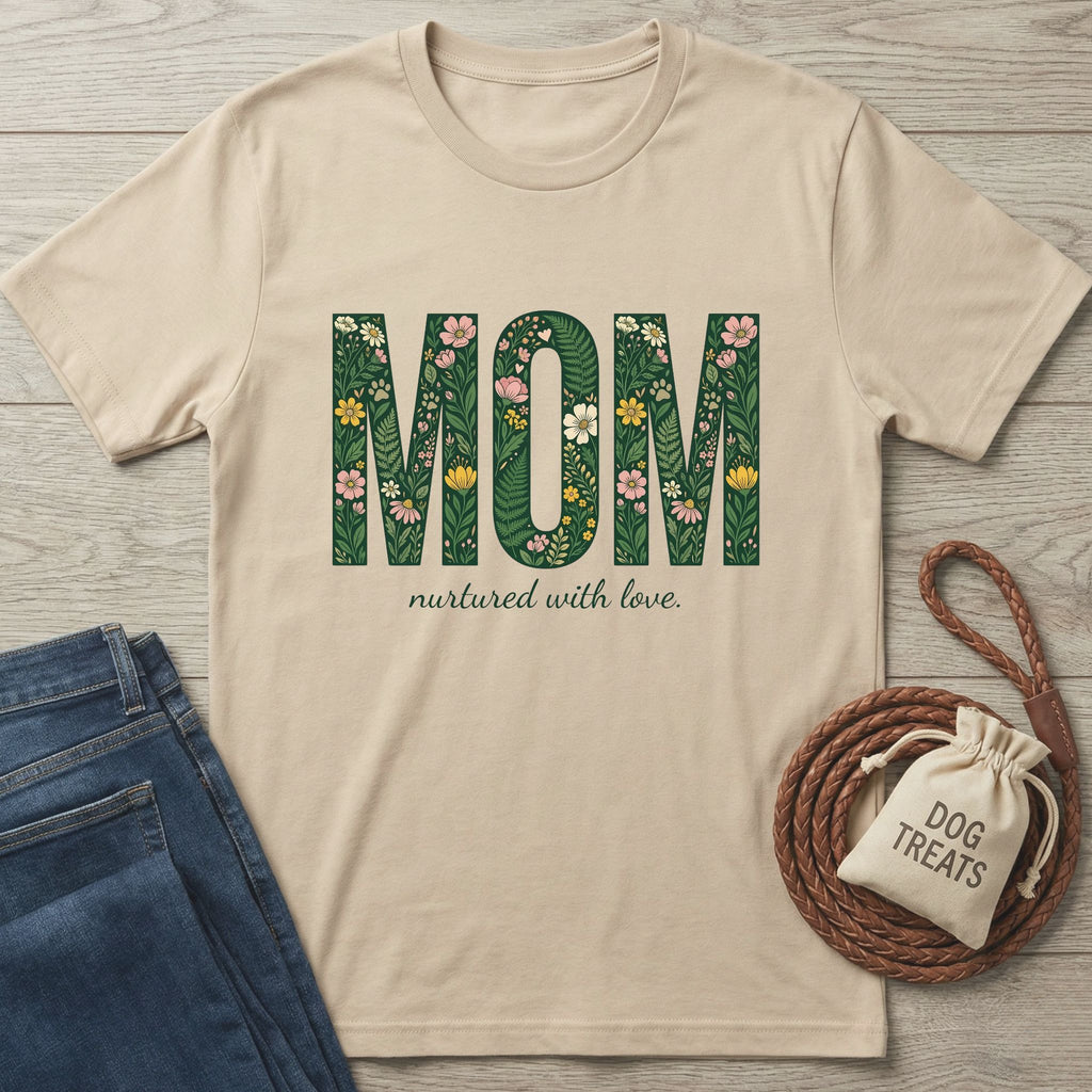 Beige "MOM nurtured with love" t-shirt with floral letters, made of soft ring-spun cotton.
