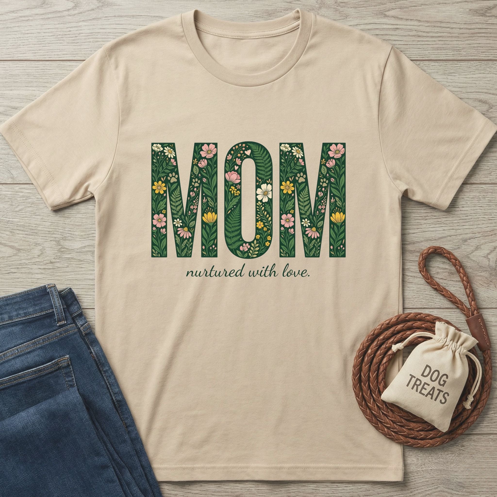 Beige "MOM nurtured with love" t-shirt with floral letters, made of soft ring-spun cotton.