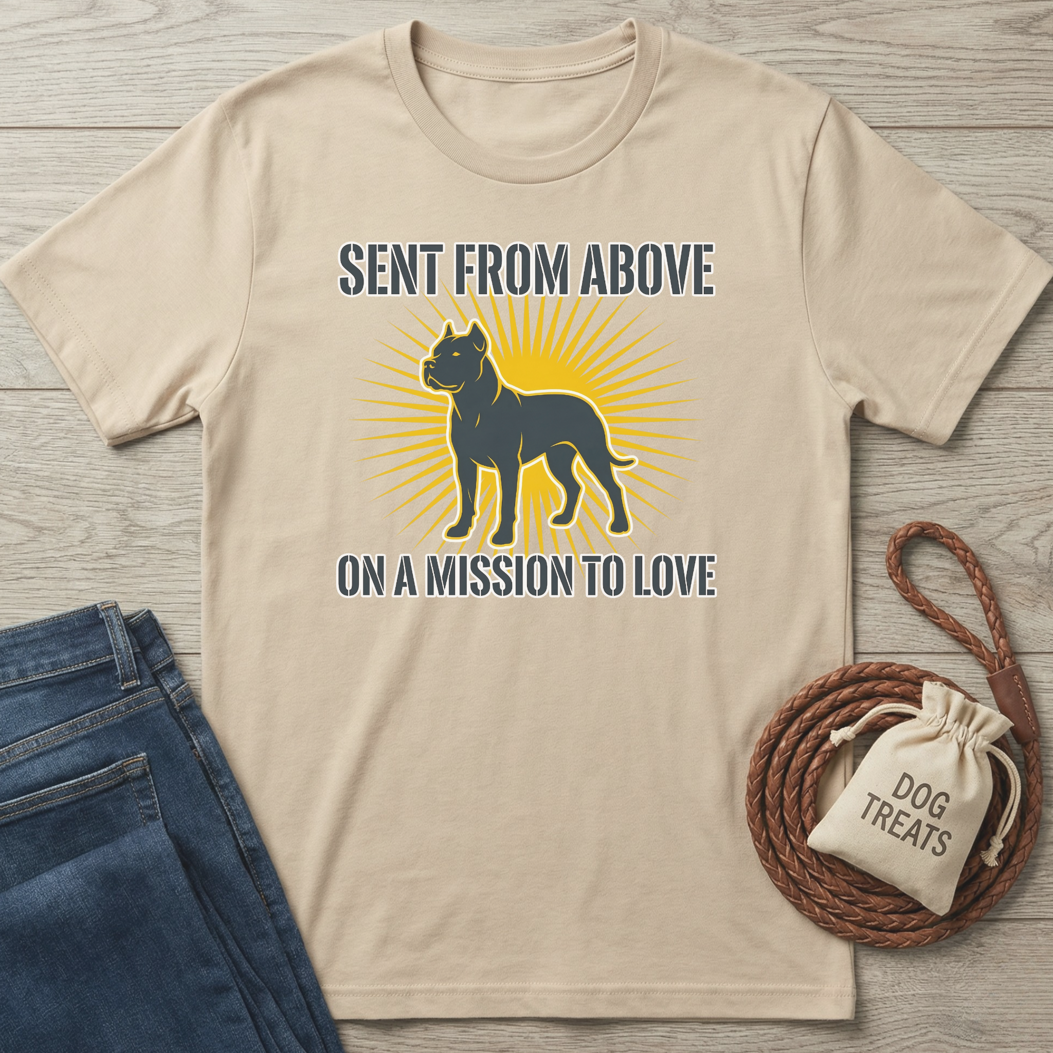 Beige cotton t-shirt with "Sent From Above On A Mission To Love" text and a dark dog silhouette with a yellow sunburst.