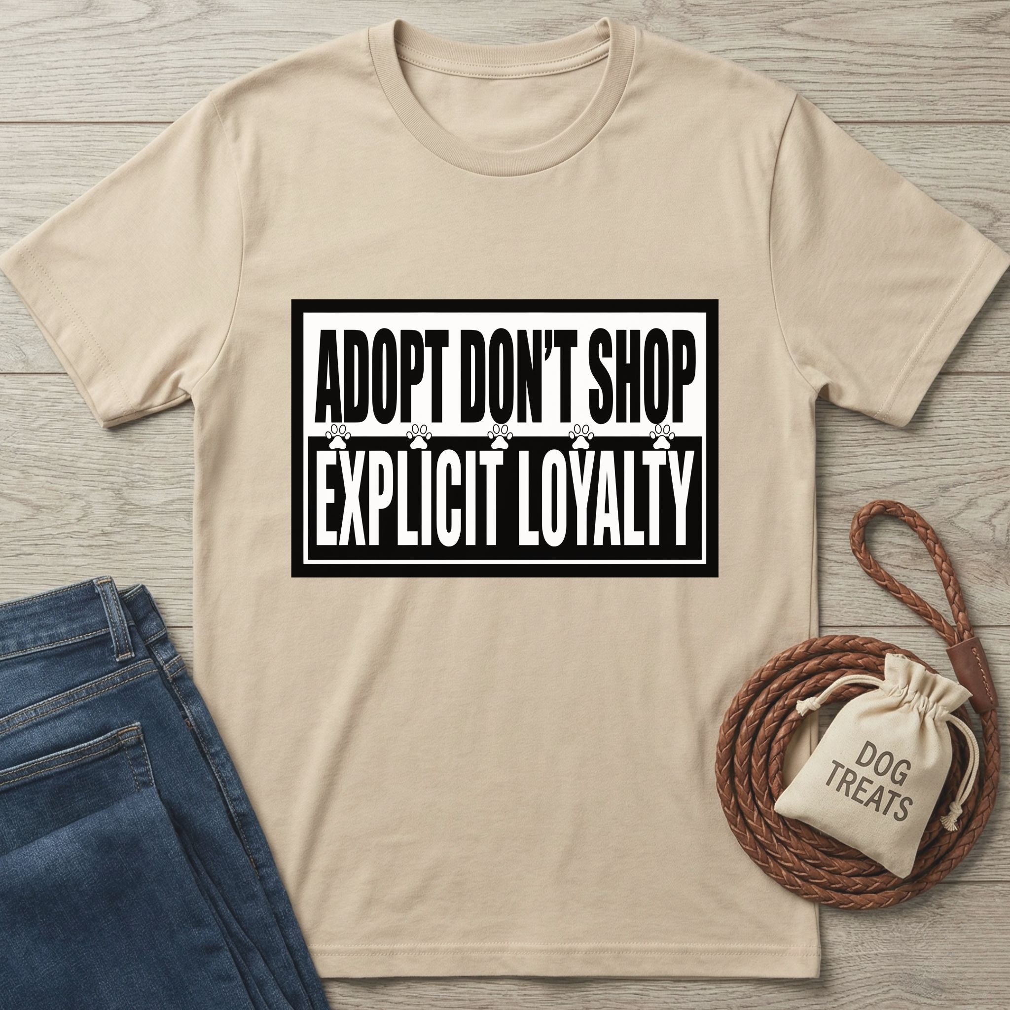 Beige Gildan Softstyle t-shirt with "ADOPT DON'T SHOP EXPLICIT LOYALTY" text, paw prints, and black borders.