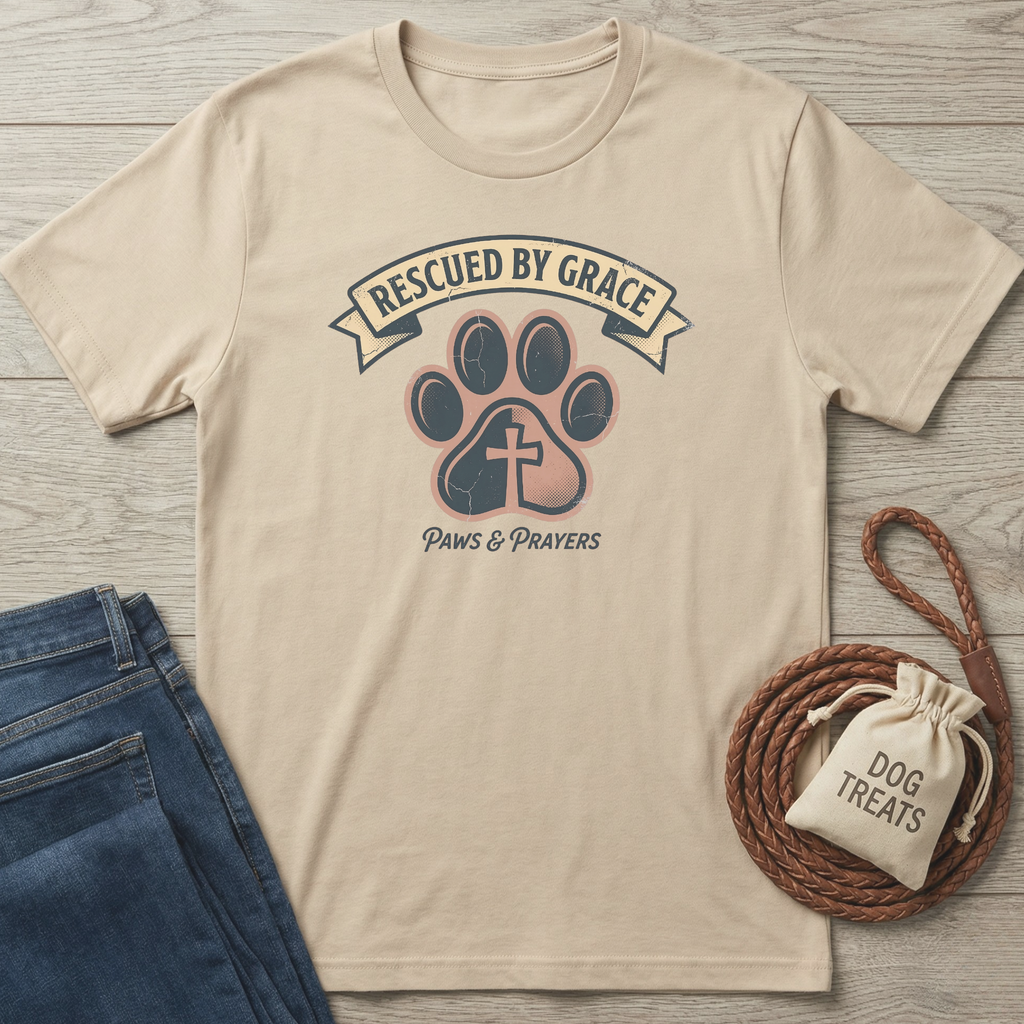 Beige cotton t-shirt with "Rescued By Grace" banner, paw print with cross, and "Paws & Prayers" text.